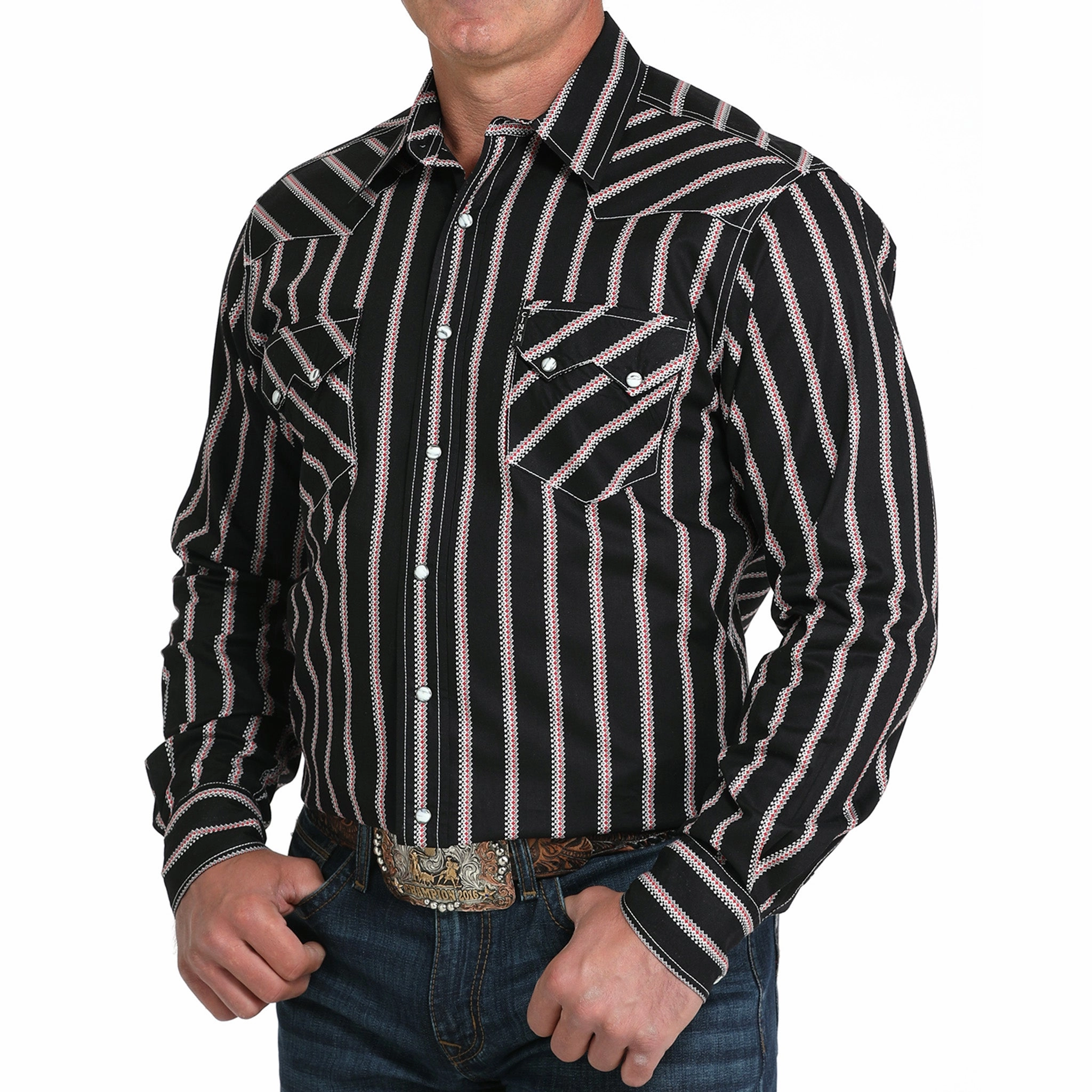 Cinch Black/Red/White Geometric Striped Long Sleeve Shirt Water Repellent Finish Earthy Hue