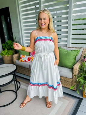 Relaxed and Effortless White Belted Square Neck Midi Dress