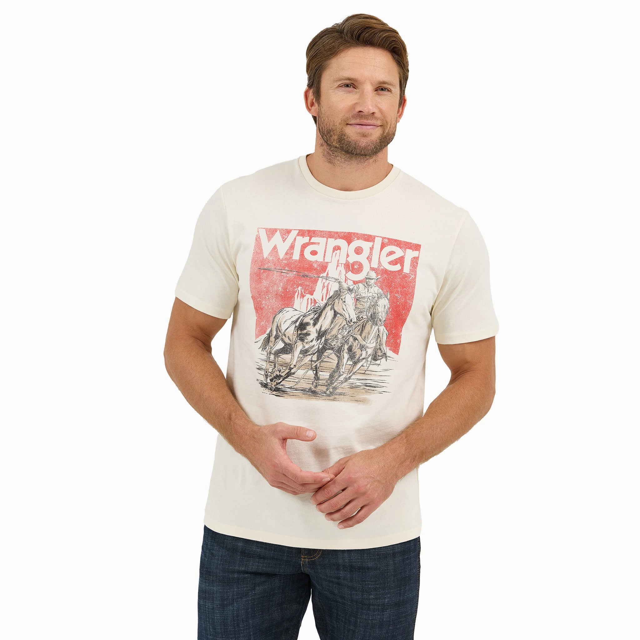 Wrangler Men's Cream Horses & Mountain Tee Seasonal Collection Structured Collar
