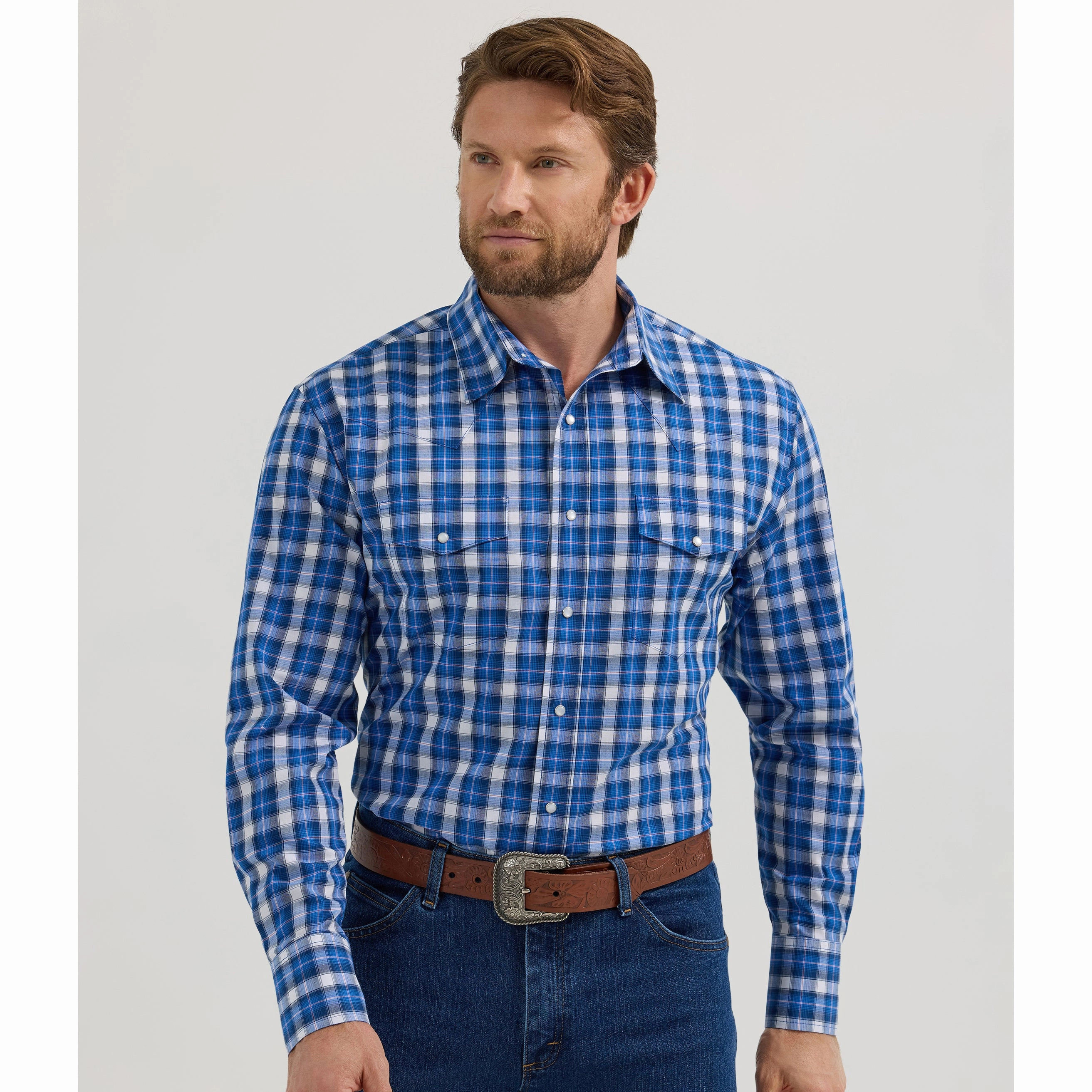 Wrangler Classic Blue Plaid  Long Sleeve Timeless Wardrobe Static Dissipating Fiber