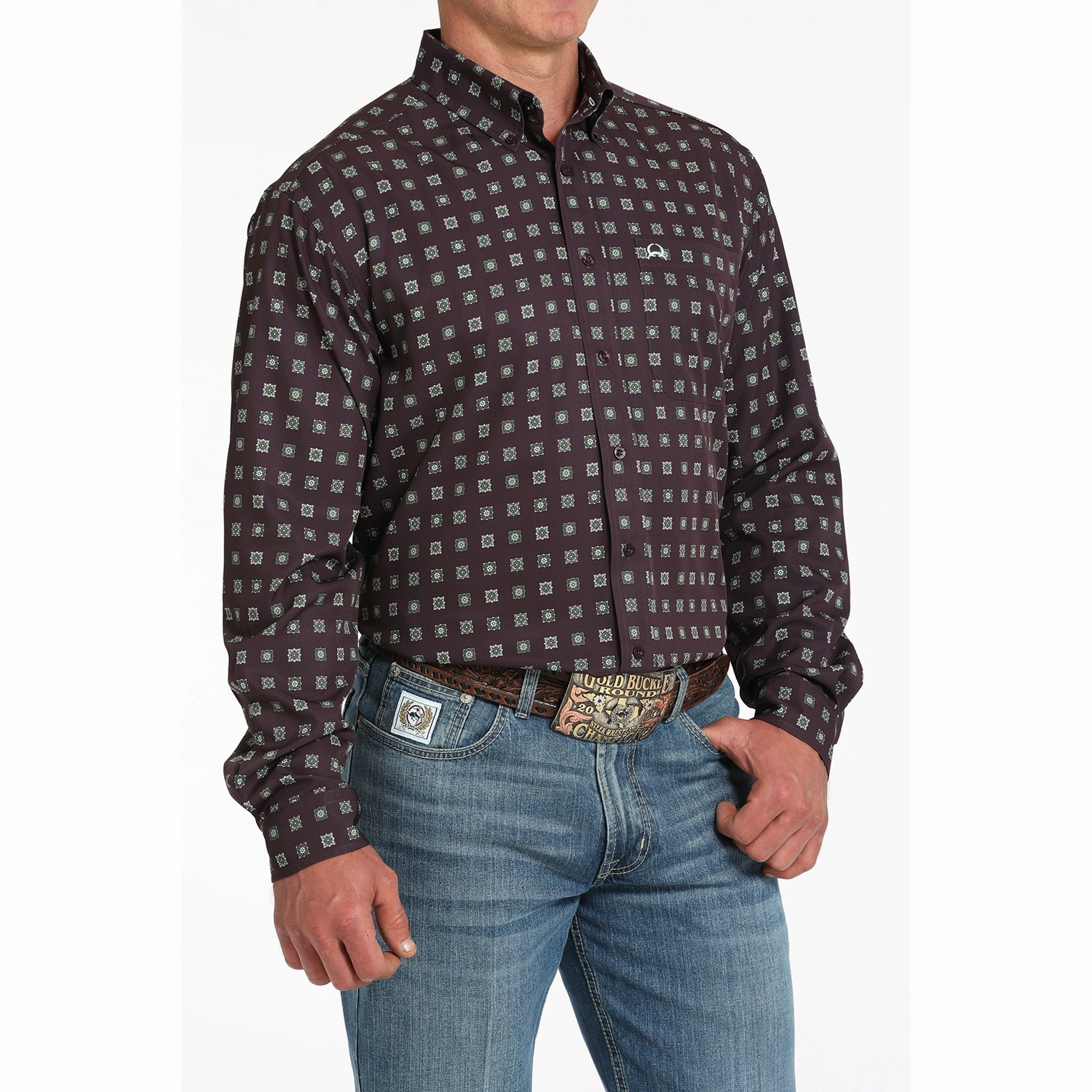Cinch Men's Purple Geo Print ArenaFlex Long Sleeve Shirt Customizable Design Petite Cut