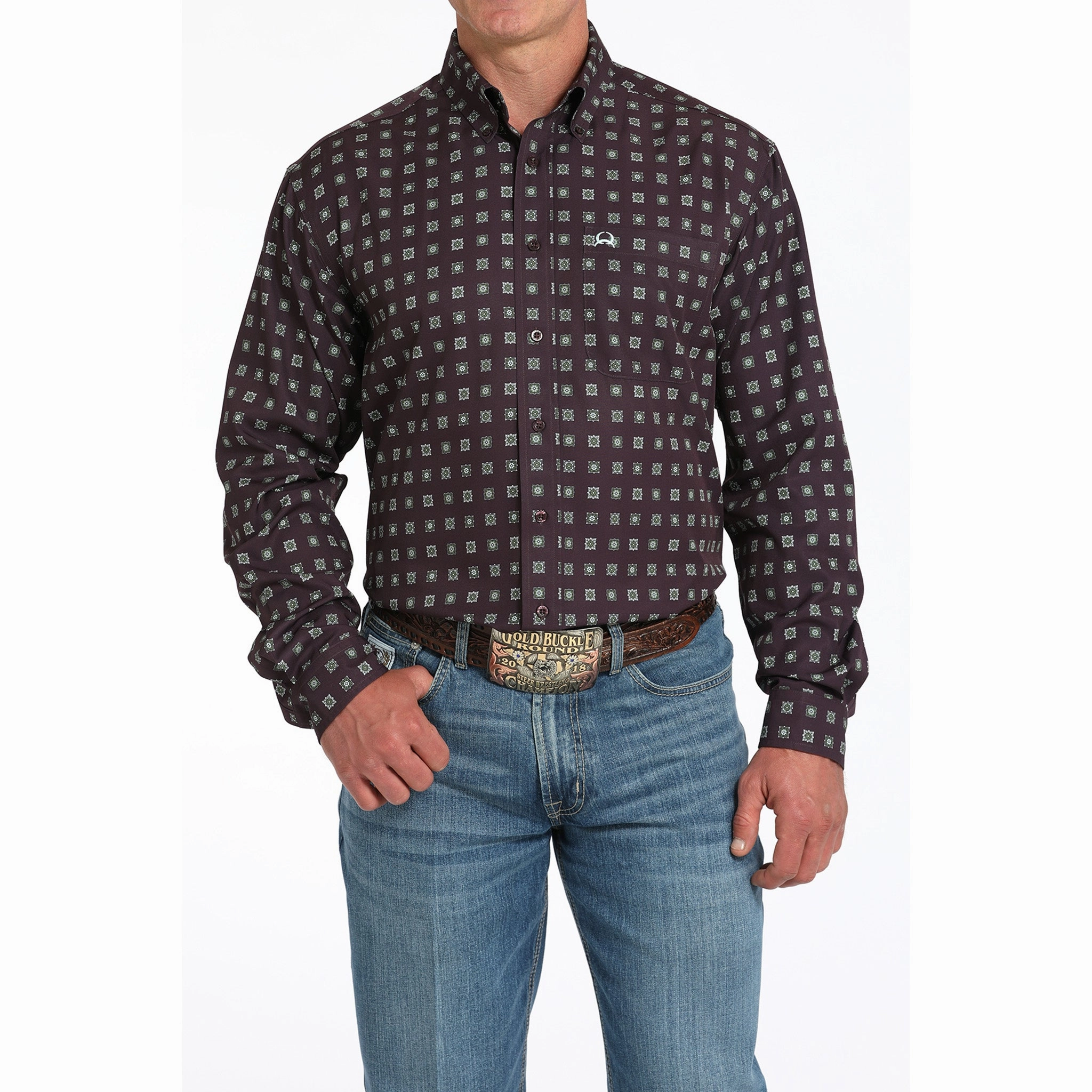 Cinch Men's Purple Geo Print ArenaFlex Long Sleeve Shirt Polished Placket Eco Friendly Production