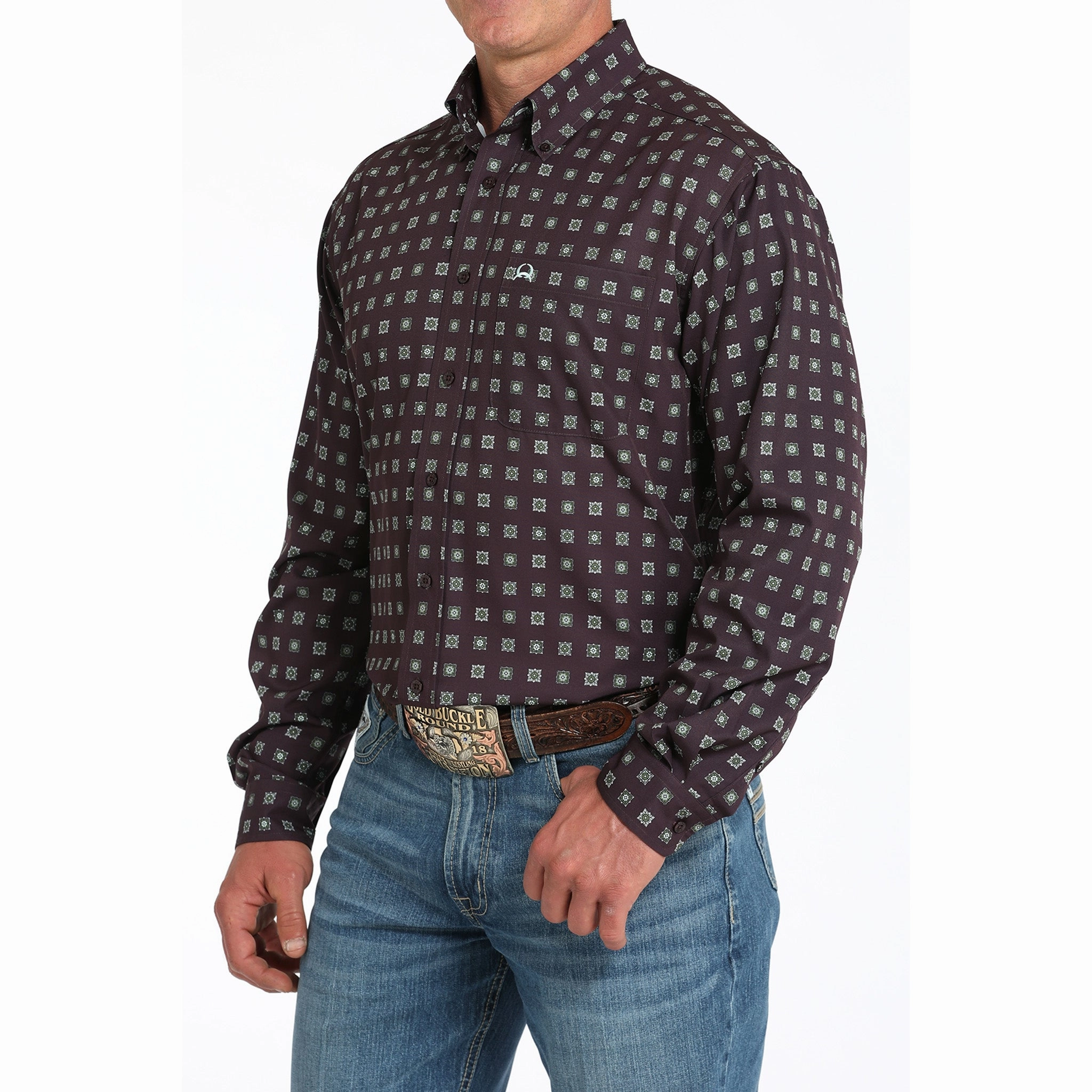 Cinch Men's Purple Geo Print ArenaFlex Long Sleeve Shirt Brushed Inner Lining Graduation Attire