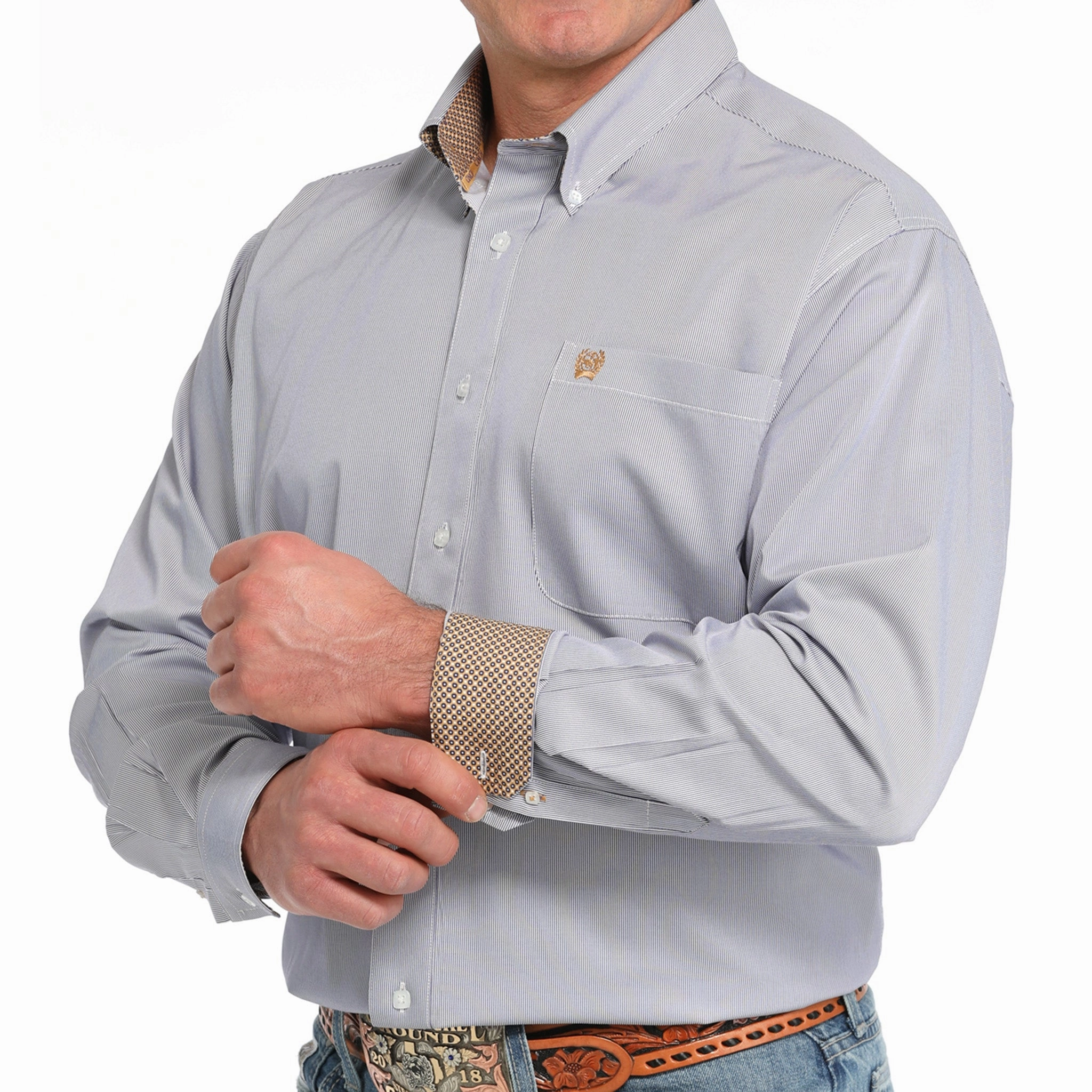 Casual Design Metallic Finish Cinch Men's Purple Micro Stripe Long Sleeve Shirt