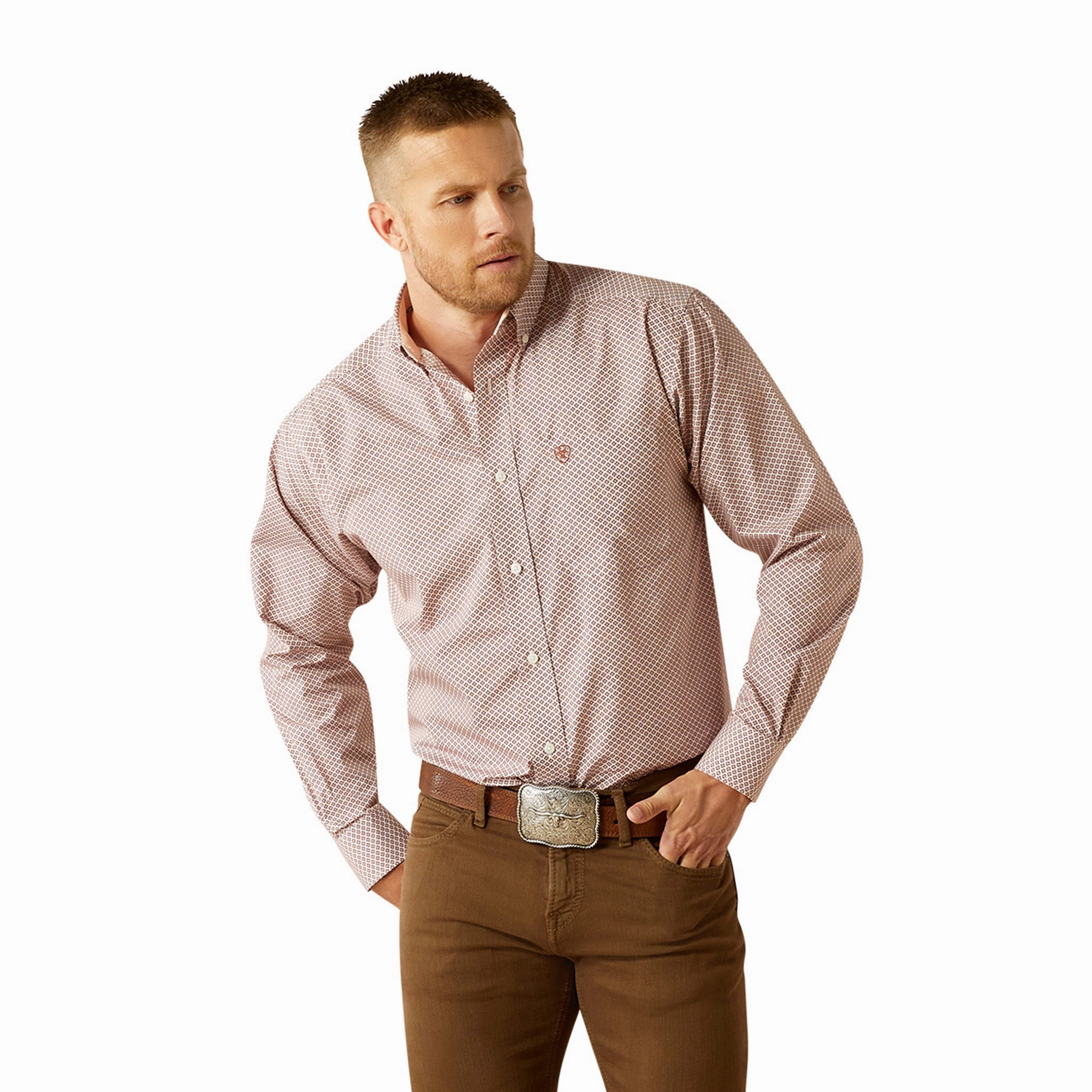 Ariat Wrinkle Free Avery Classic Fit Shirt Brick Geometric Sheer Panel