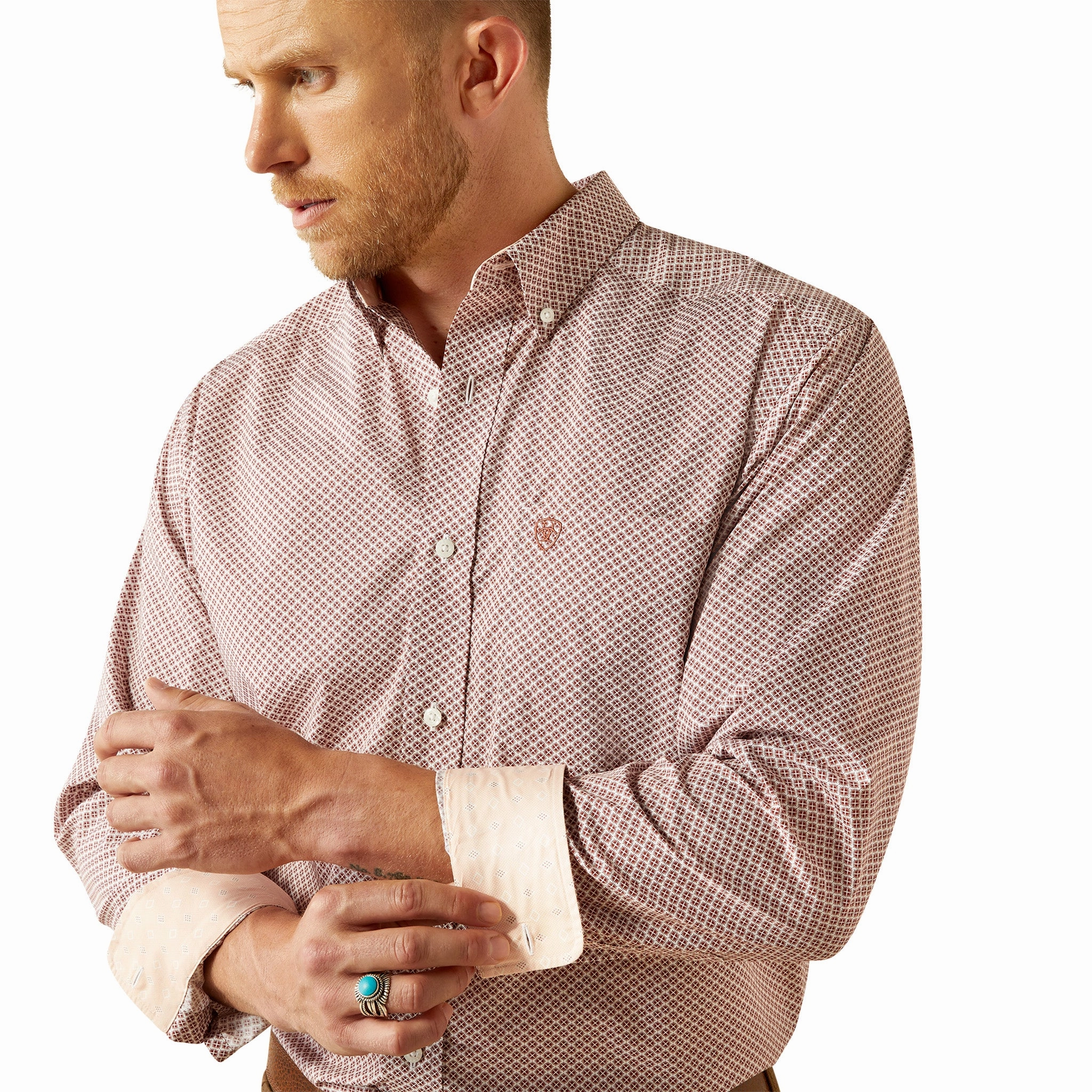 Ariat Wrinkle Free Avery Classic Fit Shirt Brick Geometric Moisture Management Tech Reinforced Elbow Patches