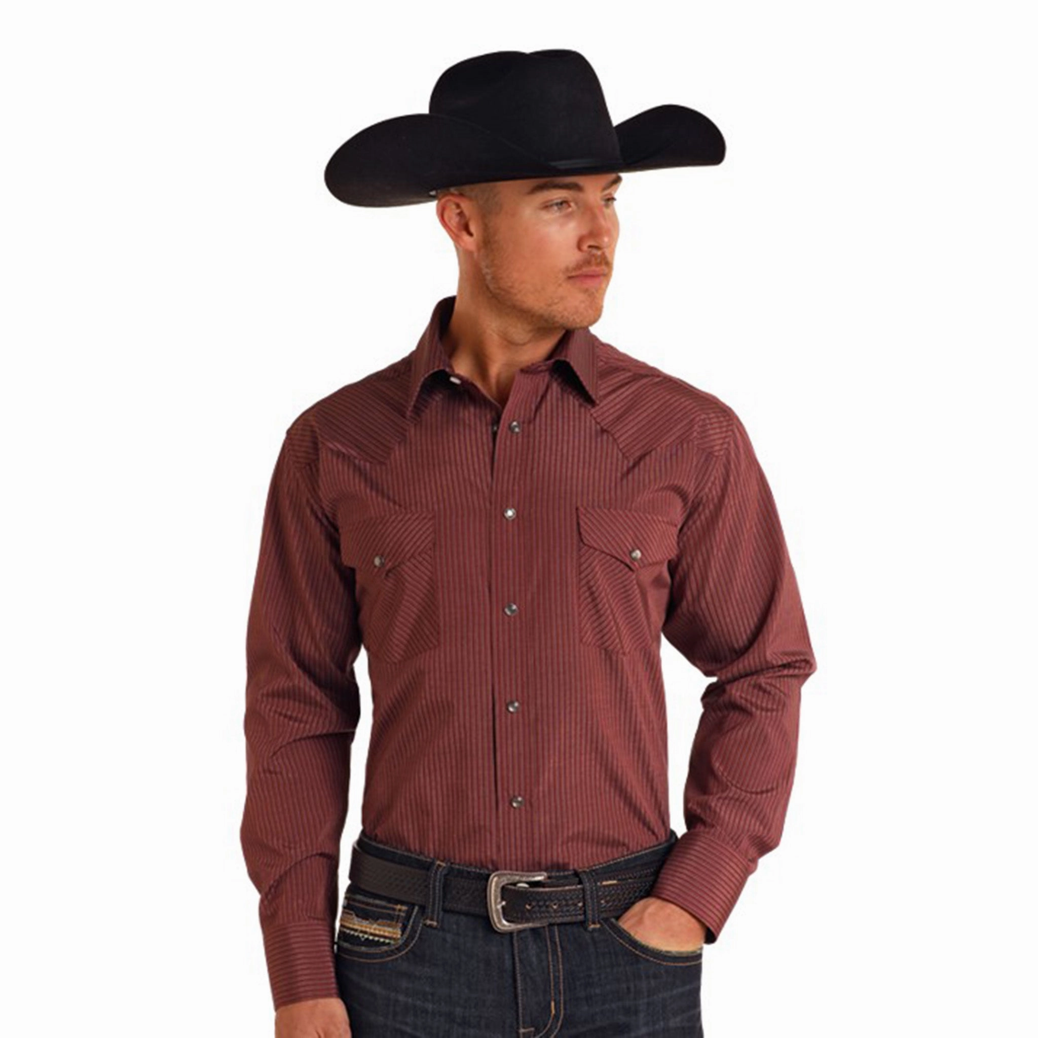 Reinforced Elasticity Rock & Roll Men's Wine Long Sleeve Pearl Snap