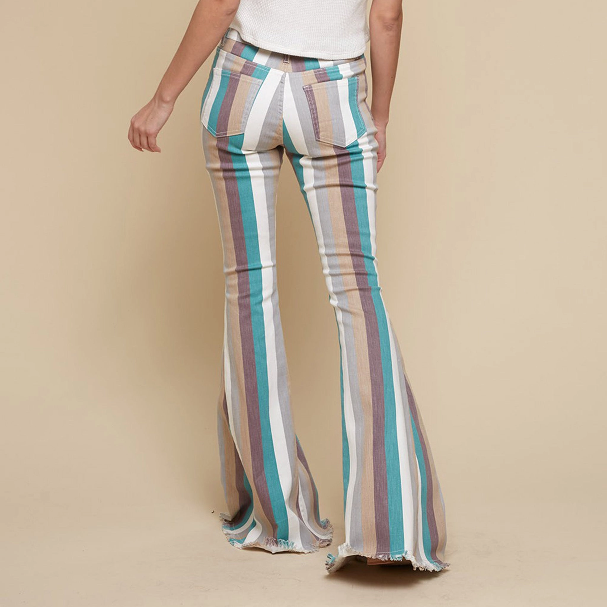 Turquoise Multi Striped Flare Jeans Clean Silhouette Textured Yarn Blends