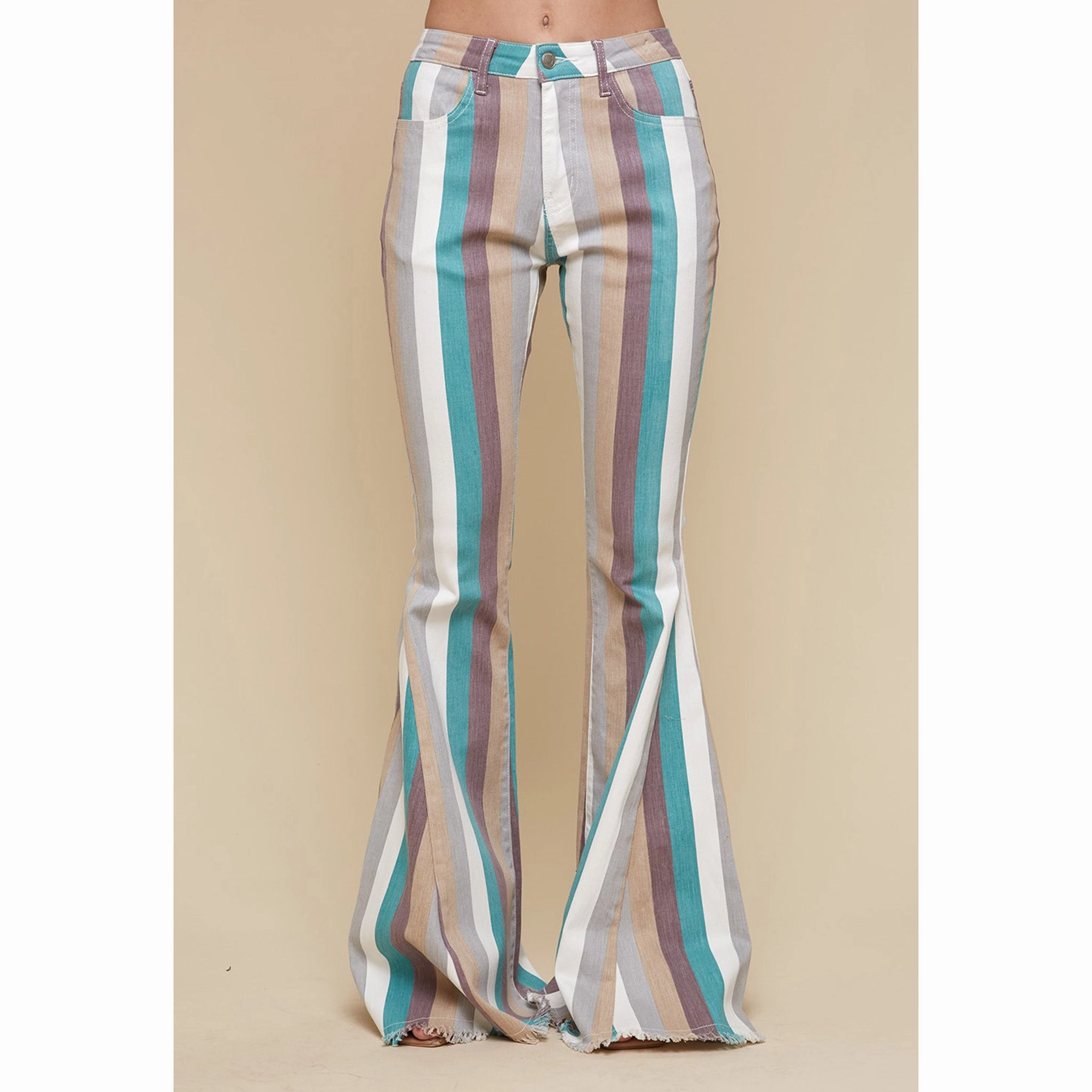 Turquoise Multi Striped Flare Jeans Professional Wear Premium Winter Warmth Comfortable Appearance