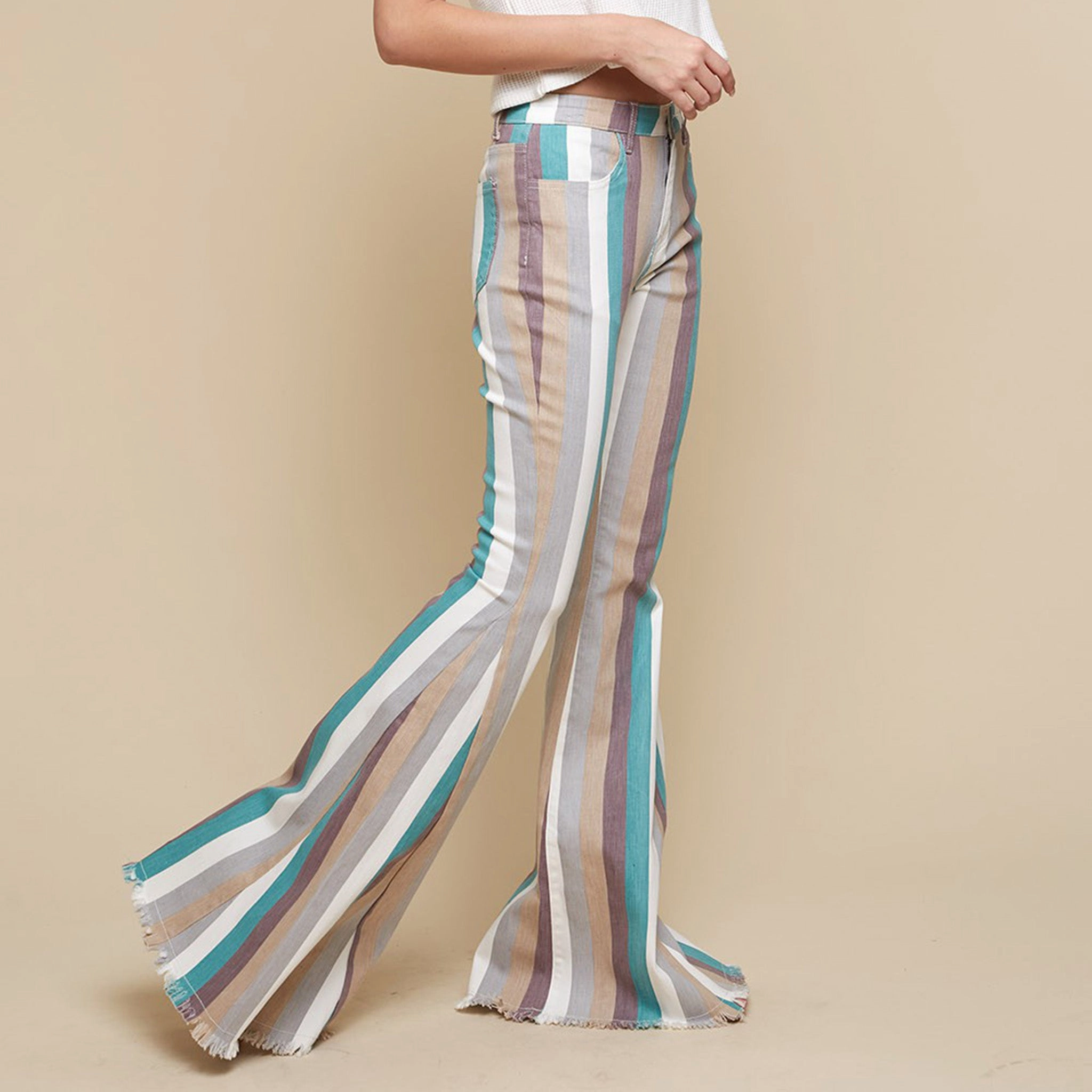 Brushed Interior Turquoise Multi Striped Flare Jeans