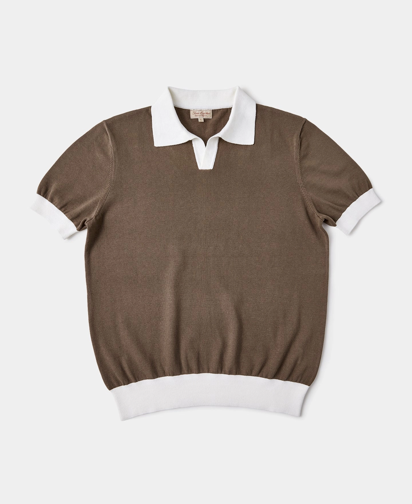 Lightweight Knit Material Two-Tone Johnny Collar Cotton Polo Shirt - White/Brown
