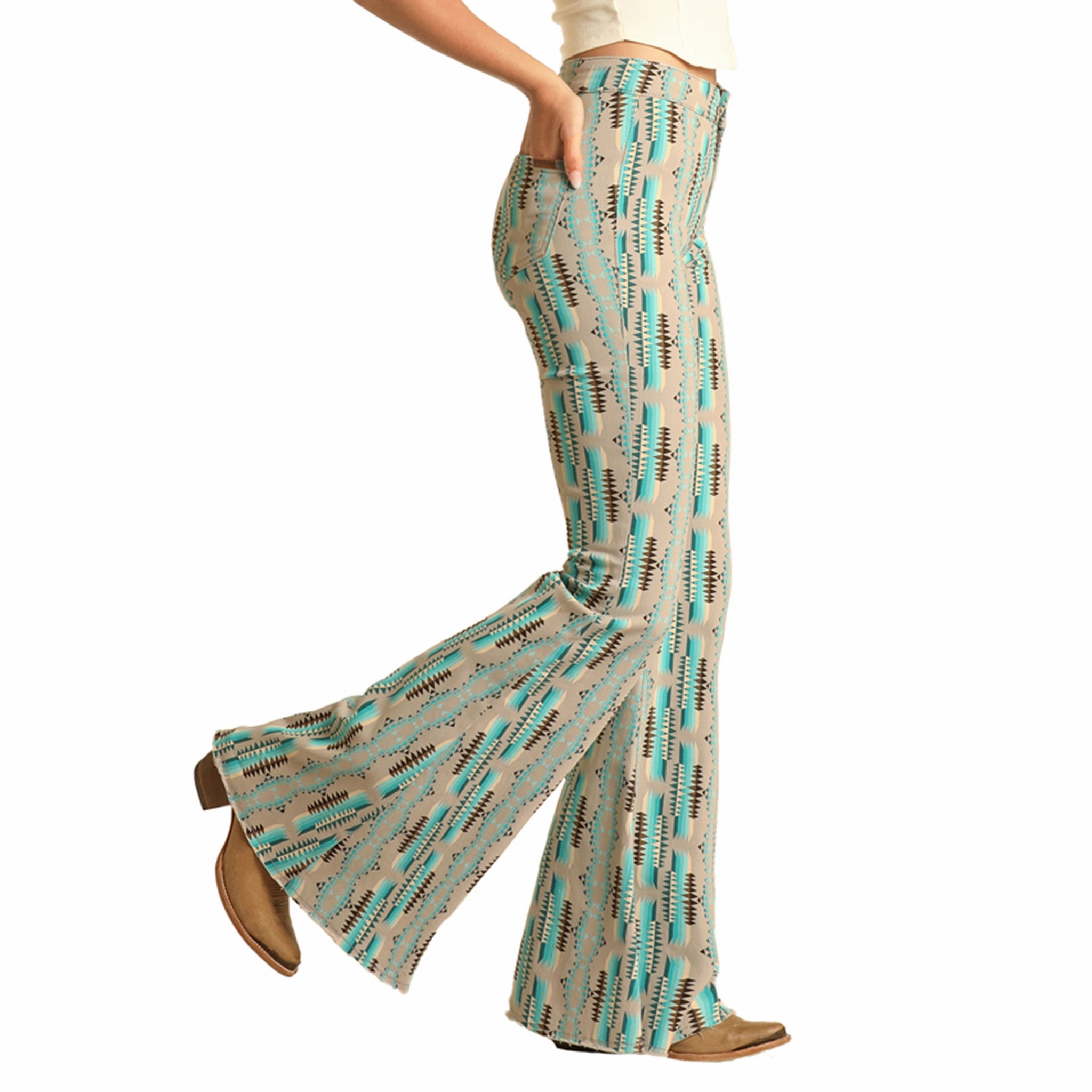 Urban Style Spring Mood Slim Rock & Roll Cowgirl Turquoise Aztec Stripe Bell Bottoms