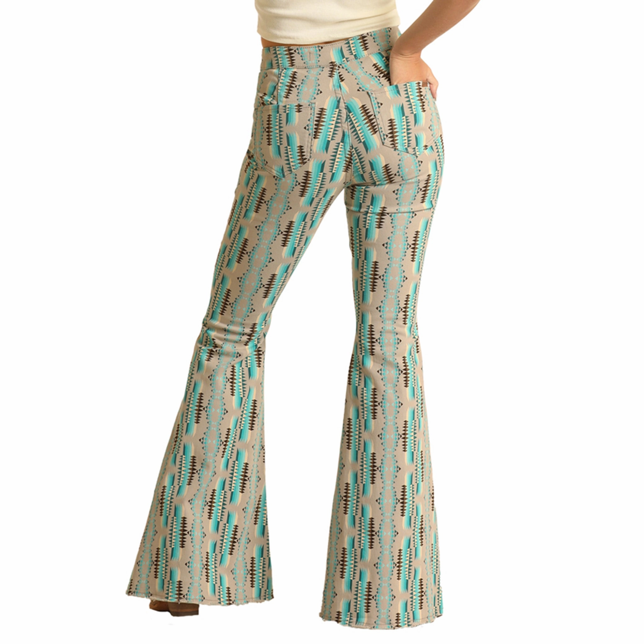 Rock & Roll Cowgirl Turquoise Aztec Stripe Bell Bottoms Comfortable Waist