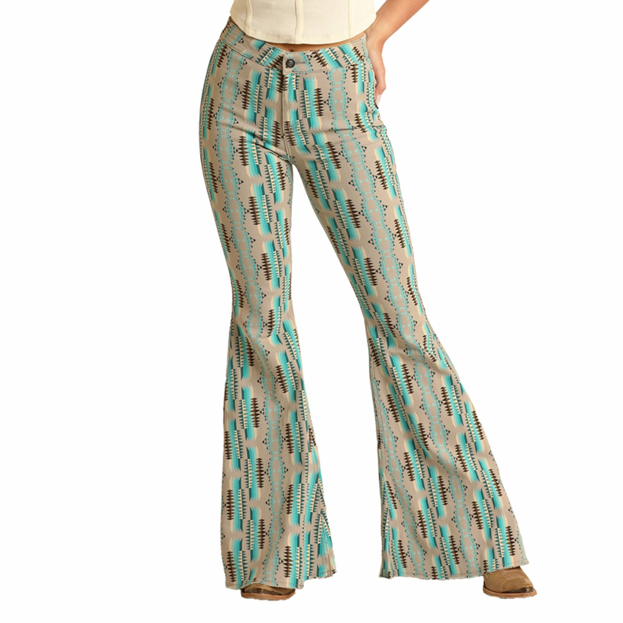 Festival Outfit Date Night Professional Wear Rock & Roll Cowgirl Turquoise Aztec Stripe Bell Bottoms