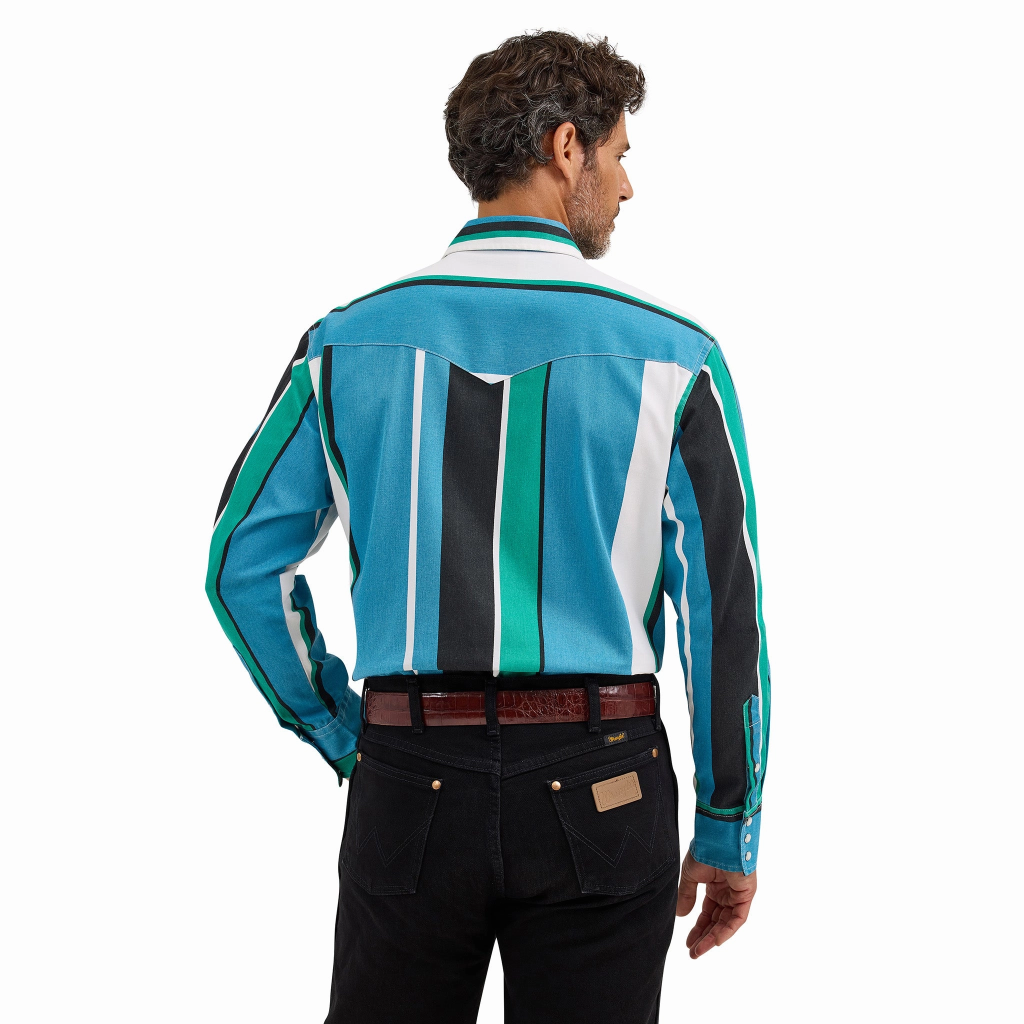 Wrangler Retro Blue Multi Striped Long Sleeve Shirt Seamless Shoulder Casual Design