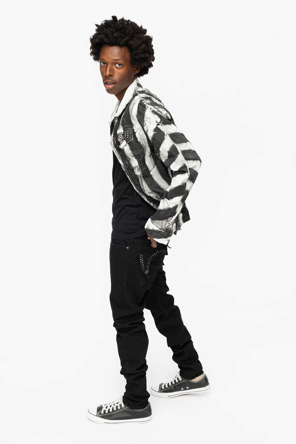 PRISONER JEAN JKT IN BLACK AND WHITE WASH WITH BLK DIAMOND AND JET BLK  CRYSTALS HybridLayerCompatibility