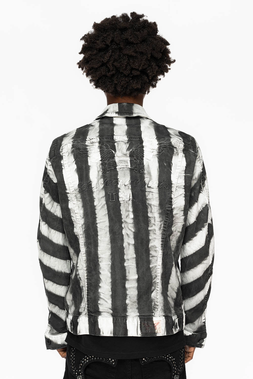PRISONER JEAN JKT IN BLACK AND WHITE WASH WITH BLK DIAMOND AND JET BLK  CRYSTALS Chill Commute Fit Heat Trapping Layer