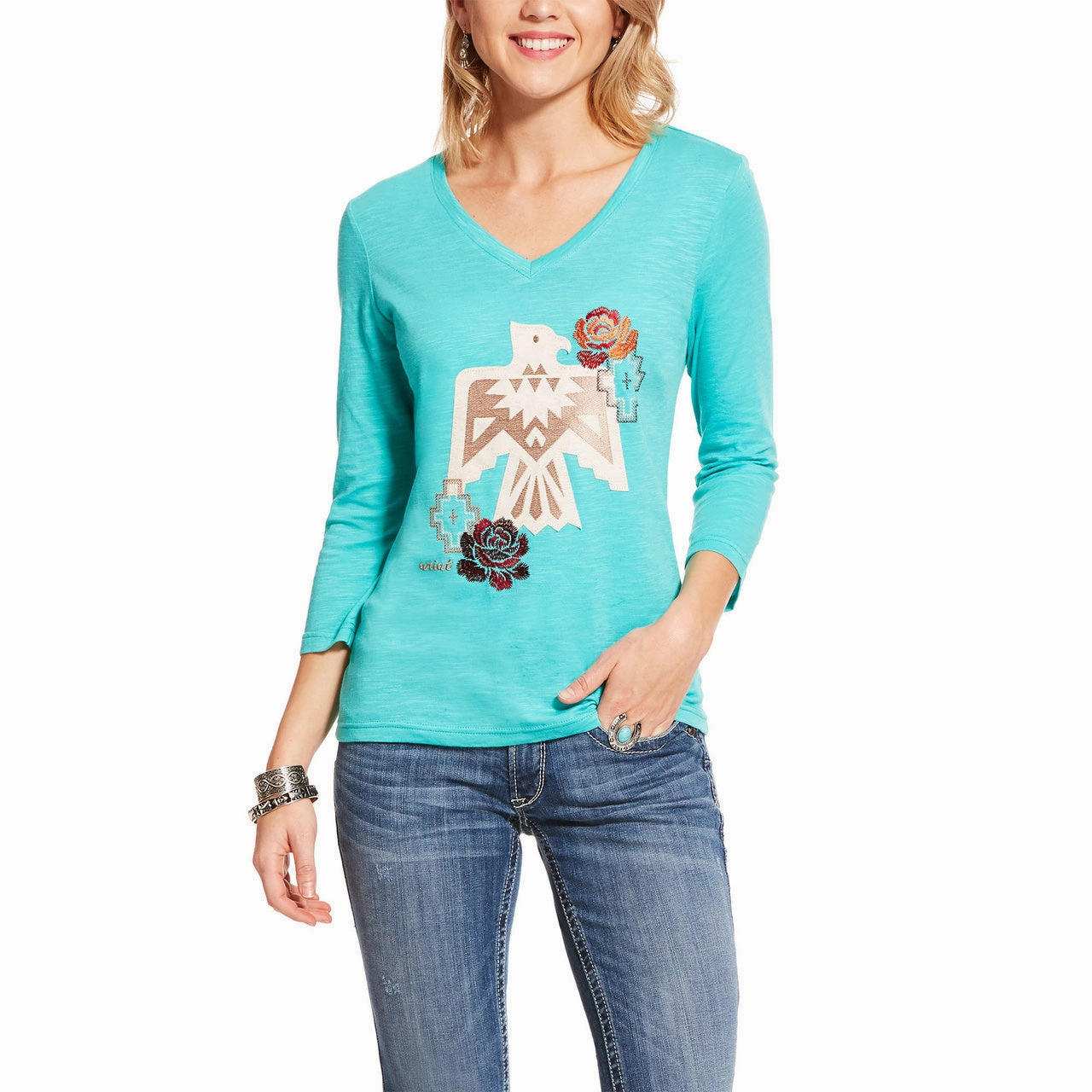Ariat Women's Turquoise Thunderbird Rose Long Sleeve Tee Cooling Technology