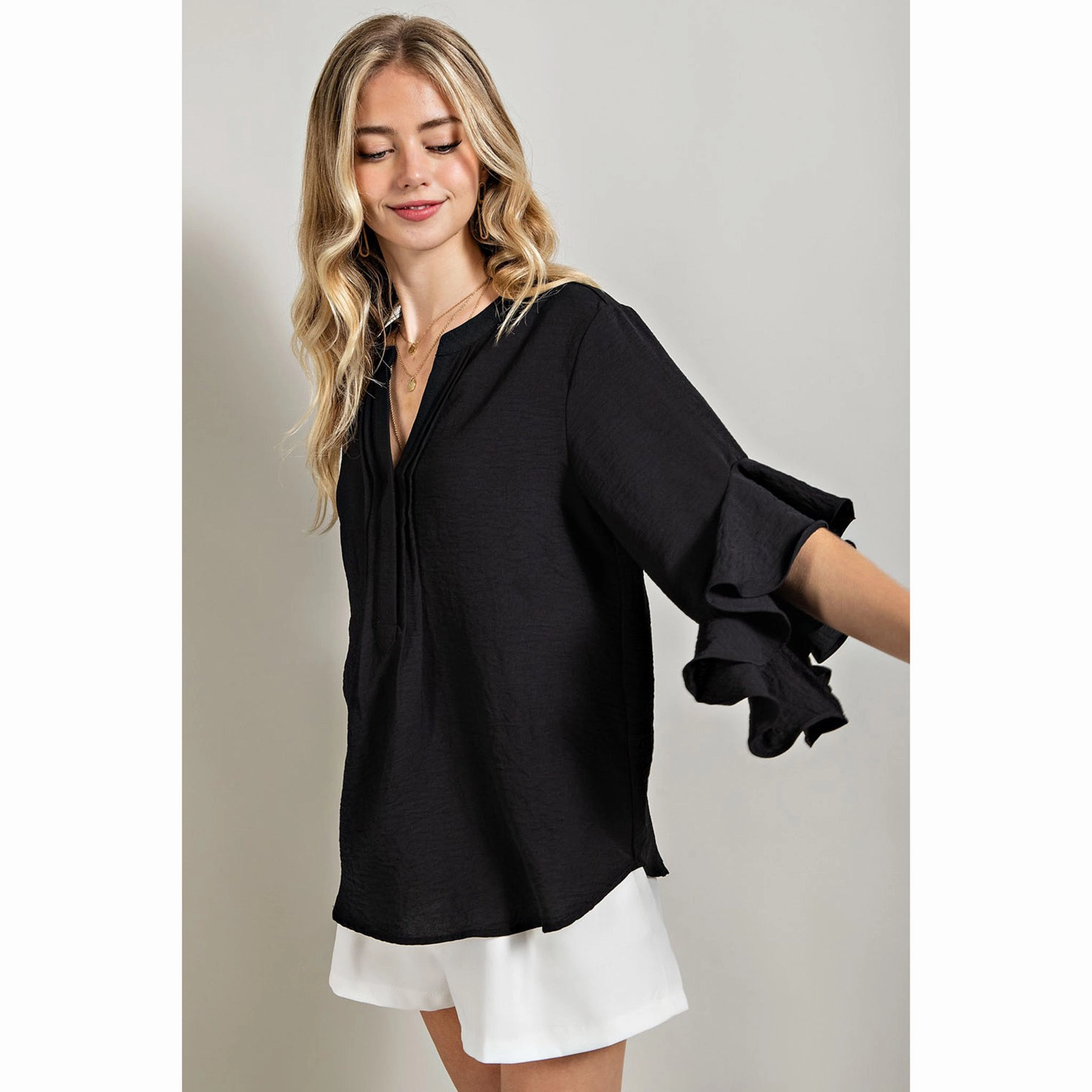 Gigio Usa Women's Solid Ruffle Bell Sleeve Top Ultraviolet Protection Fabric Bohemian style