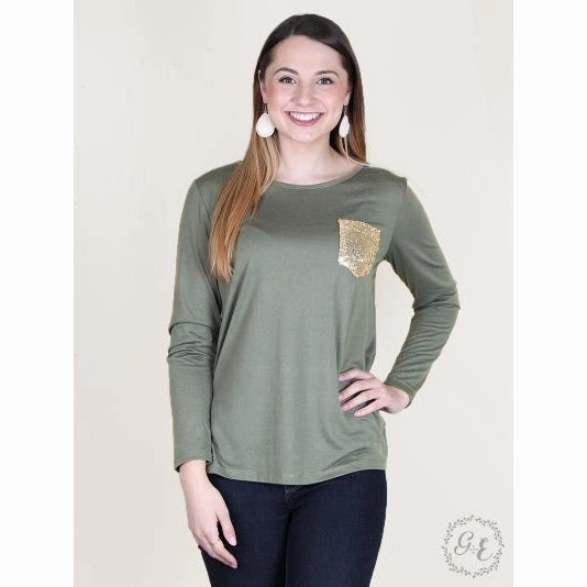 Grace & Emma Women's Olive Long Sleeve Sequin Pocket Tee RecycledBlend