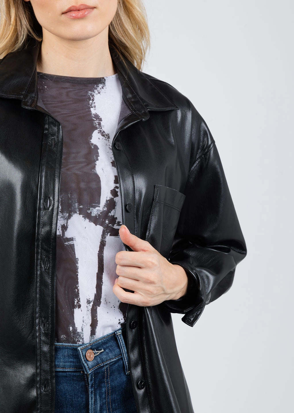 NonChafe Tag Placement UltraSoft Texture Driane Faux Leather Shirt - Black