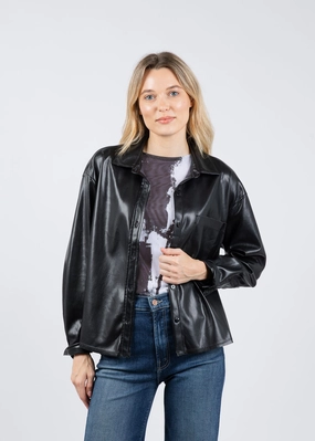 UltraSoft Texture Driane Faux Leather Shirt - Black ConvertibleCollarSystem Sweat Absorbing Lining