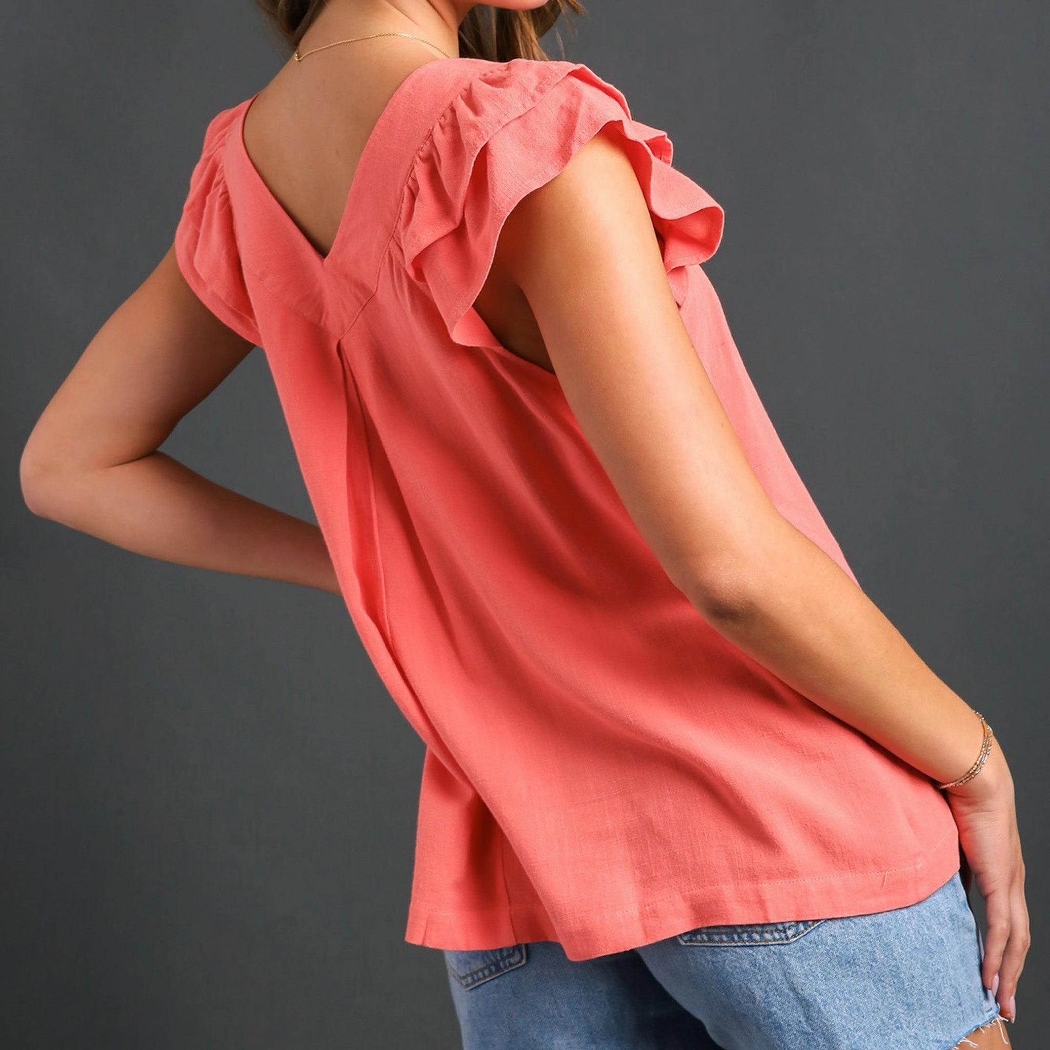 Airflow Mesh Panel Slim Silhouette Umgee USA Women's Solid V-Neck Ruffle Sleeveless Shirt