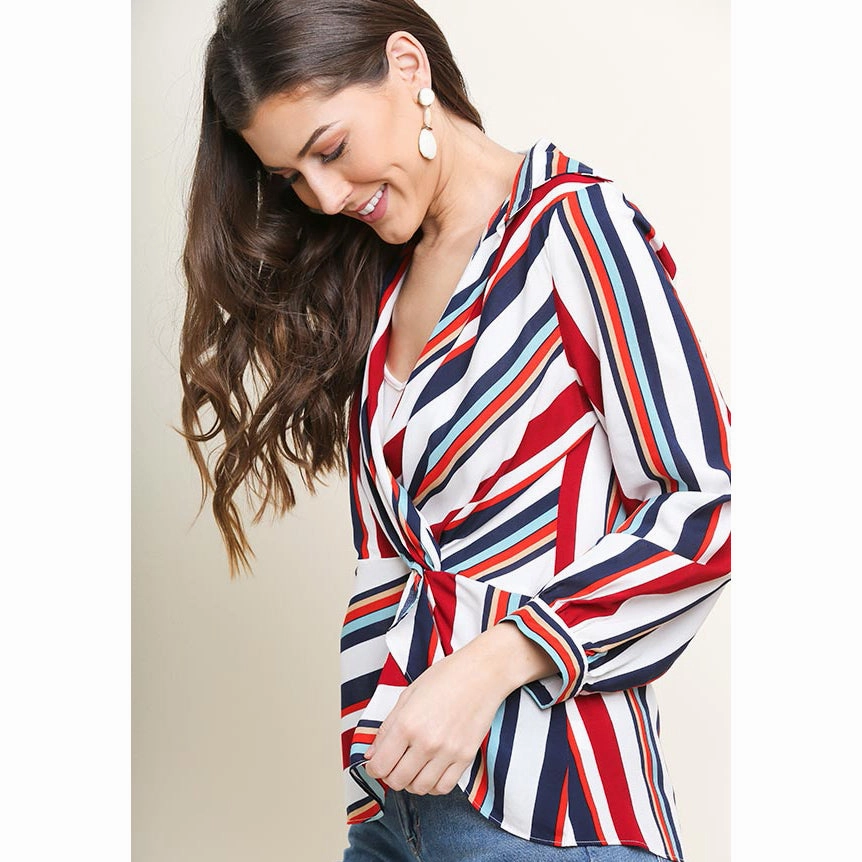 Interlock Stitching DoubleLayeredCollar Umgee USA Women's Red, White and Navy Striped Shirt