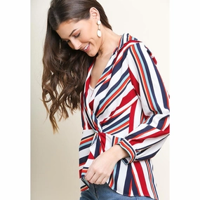 Interlock Stitching DoubleLayeredCollar Umgee USA Women's Red, White and Navy Striped Shirt