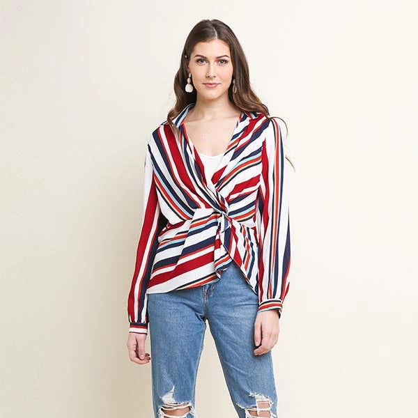 WrinkleFree Weave Umgee USA Women's Red, White and Navy Striped Shirt