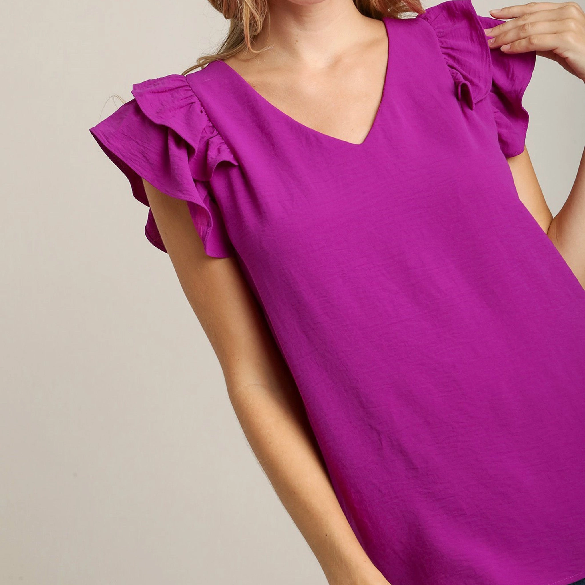 Umgee USA Women's Solid Ruffle Short Sleeve Tagless Design