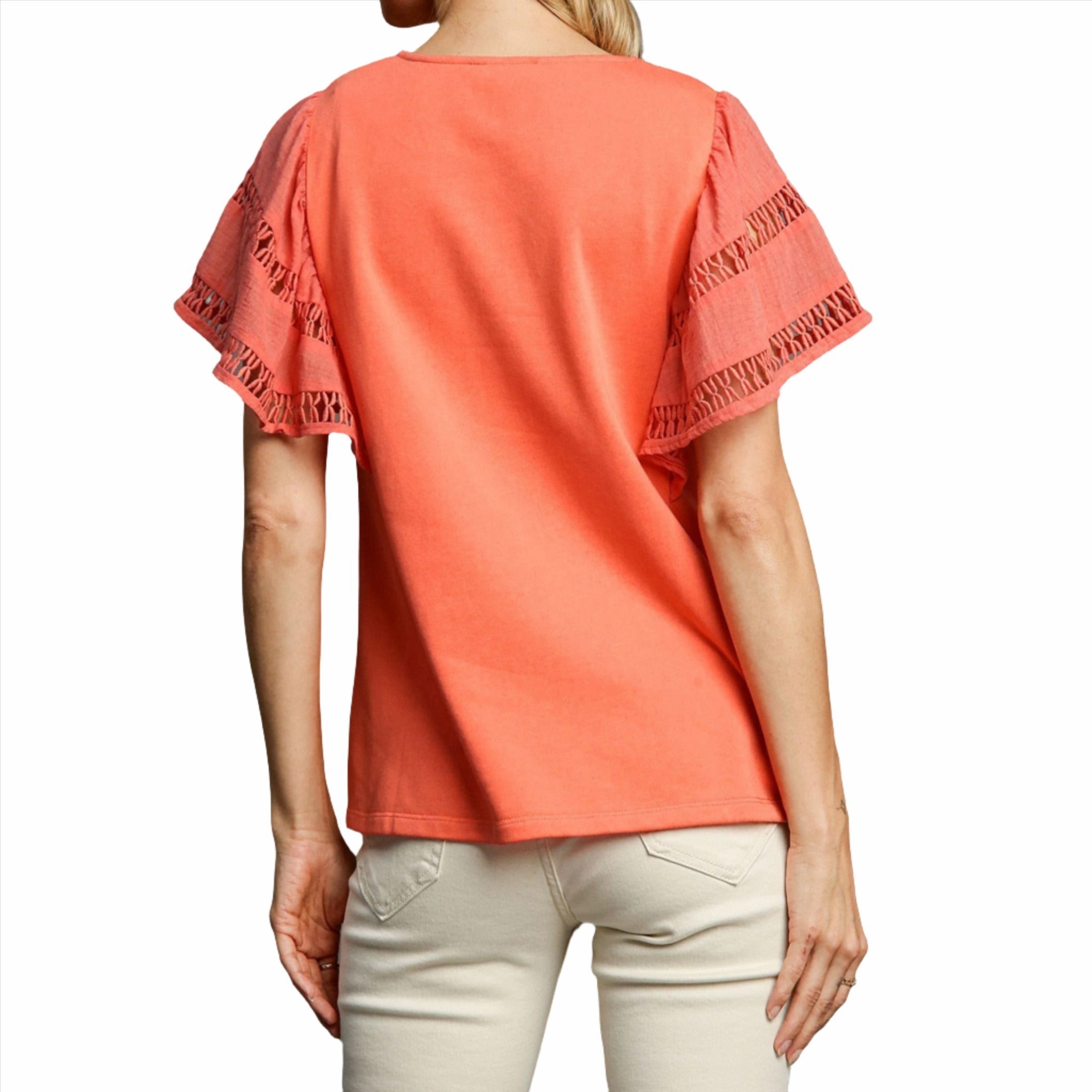 Quick Release Fasteners ComfortStretch Umgee Women's Coral Crocheted Short Sleeve Shirt