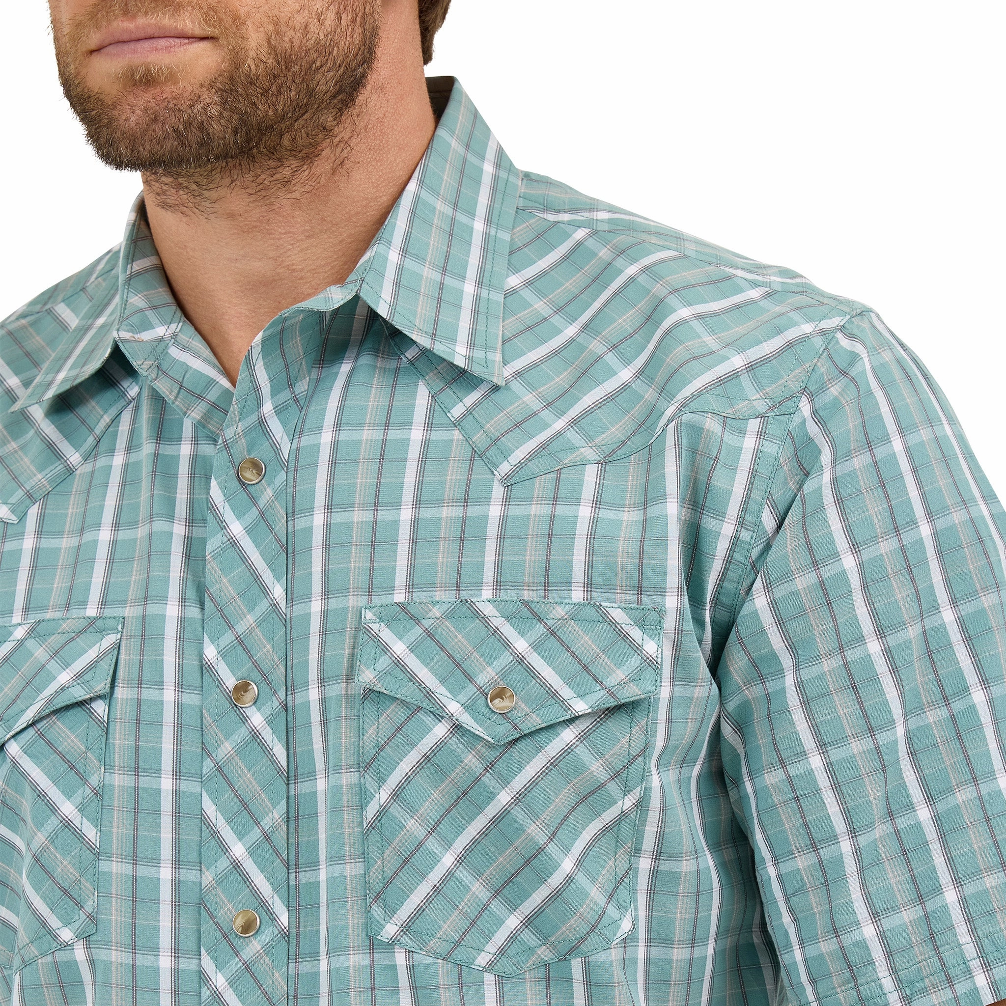 Fashionable Look Wrangler Turquoise and White Plaid 20X Short Sleeve