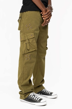 Loose Spring Mood ROBINS NEW MILITARY STYLE CARGO PANTS IN OLIVE  WITH WESTERN CRYSTAL MOTIF