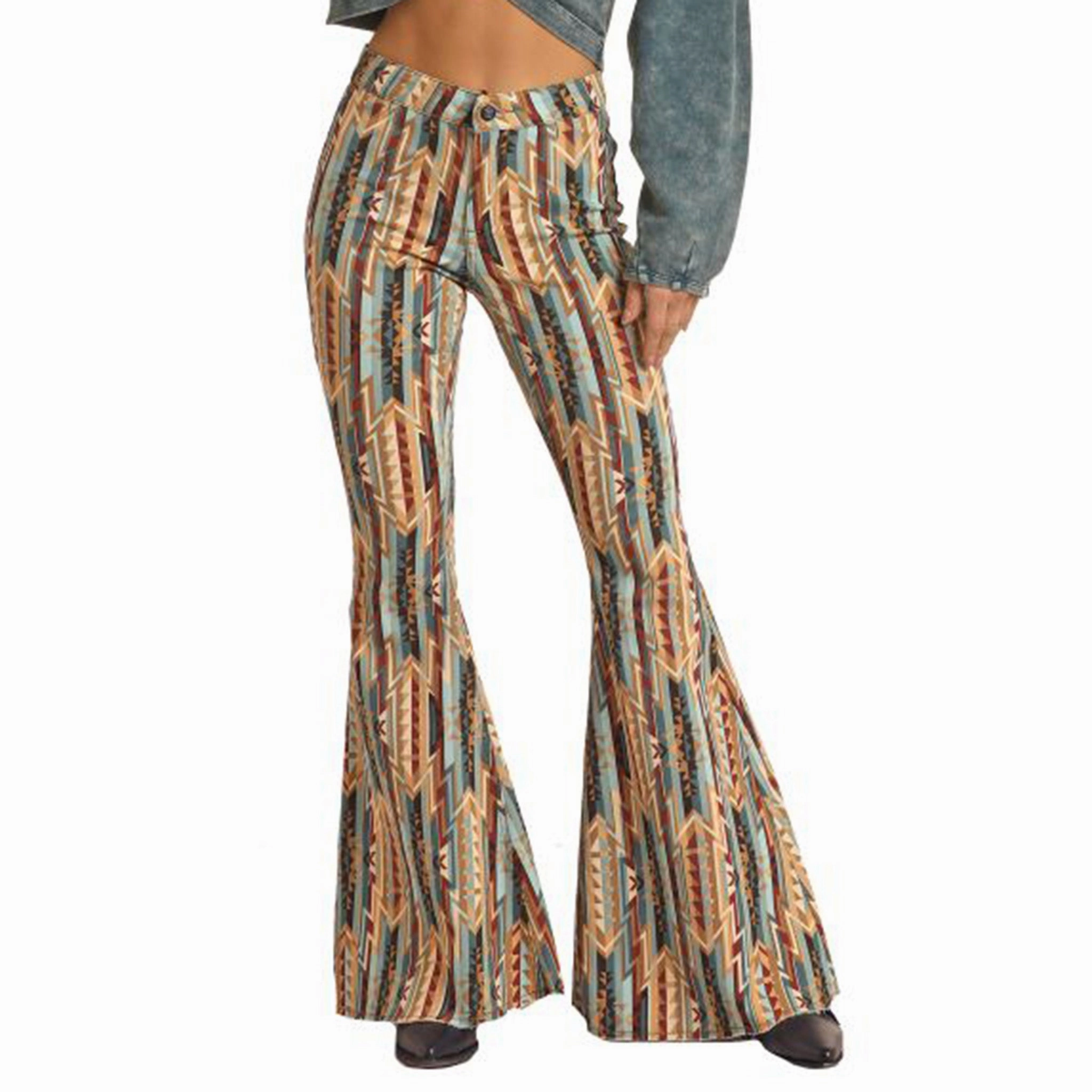Distressed Detailing Rock & Roll Aztec Women's Bell Bottom Jeans-Tan's/Blue's