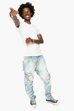 Spring Mood Affordable CARGO PANTS LIMITED EDITION EMBELLISHED WITH CRYSTALS AND STUDS IN BLUE OMAHA LIGHT