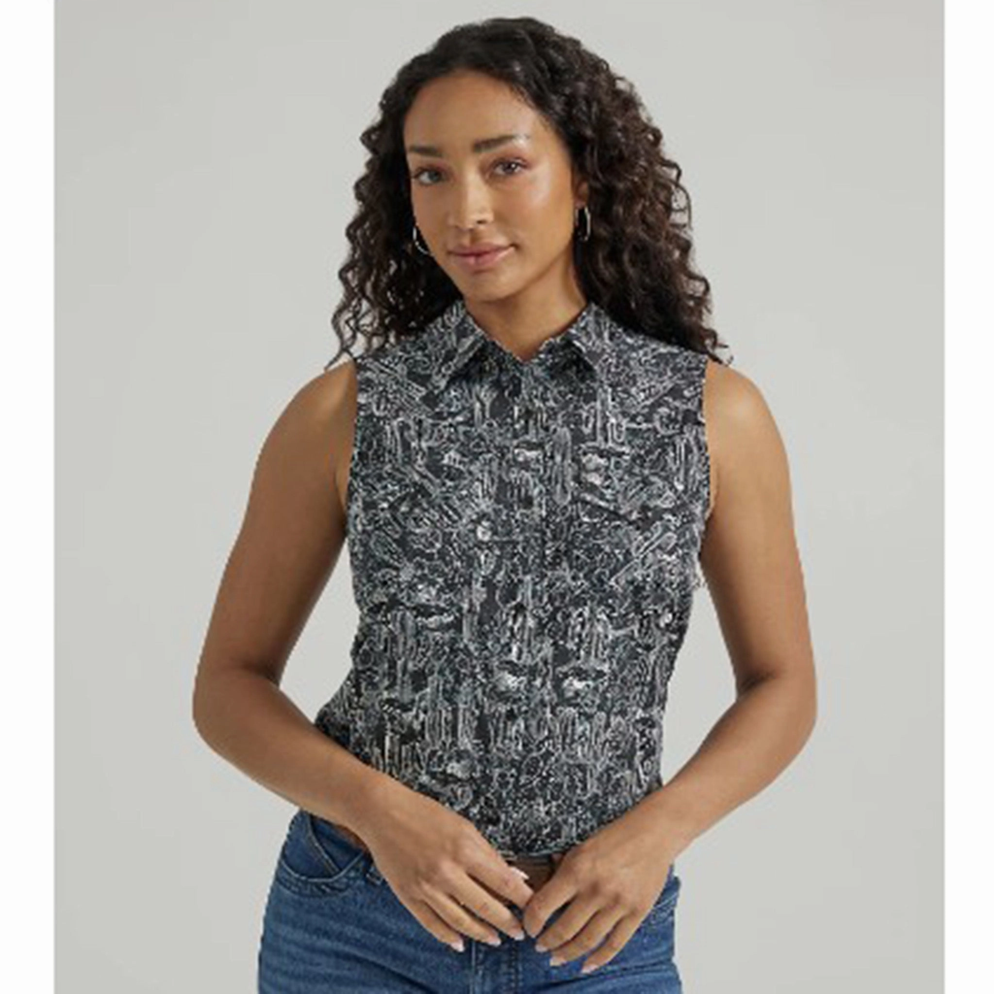 Zero Waste Production Label AntiStatic Material Wrangler Women's Black White Cactus Sleeveless