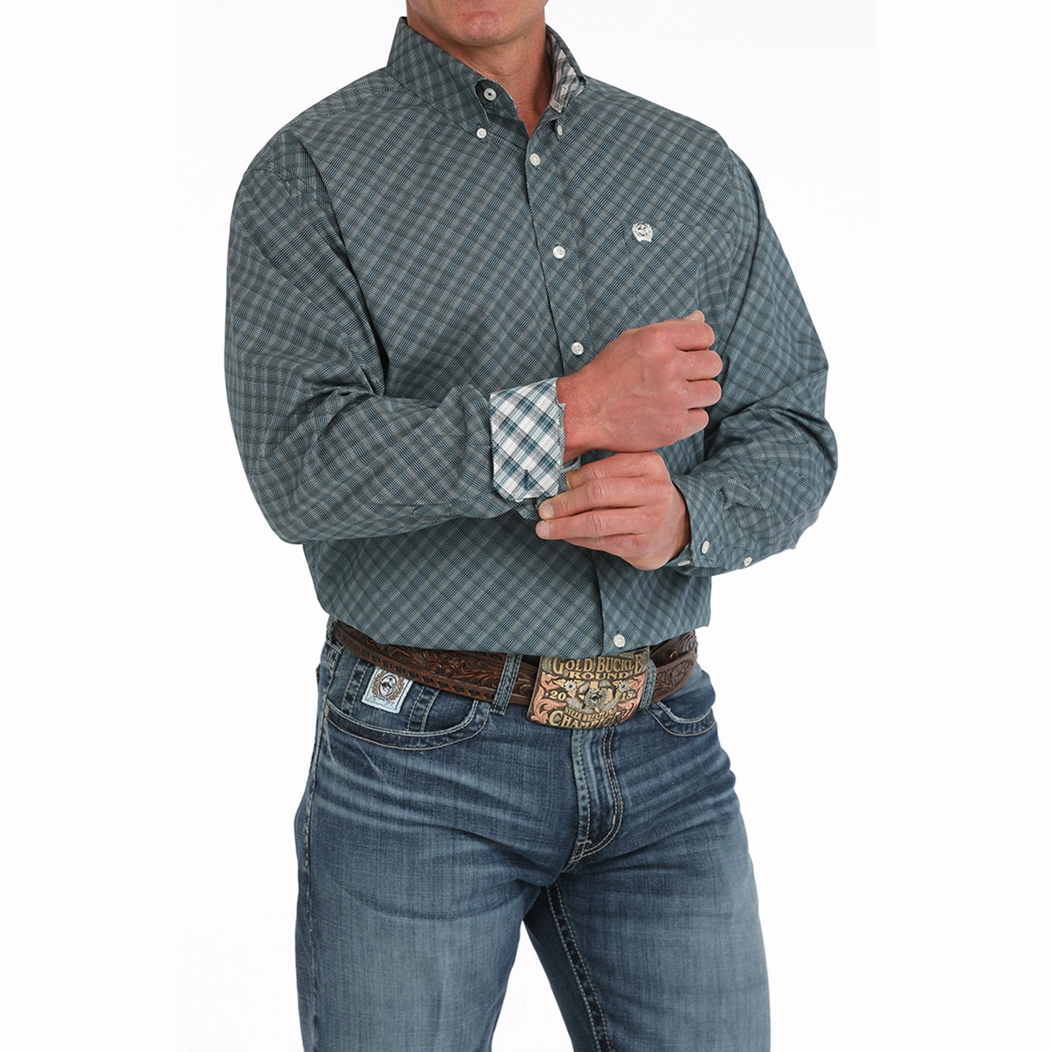 Cinch Men's Long Sleeve Bluegreen Button Down Odor Control Fabric Flexible Shoulder Construction