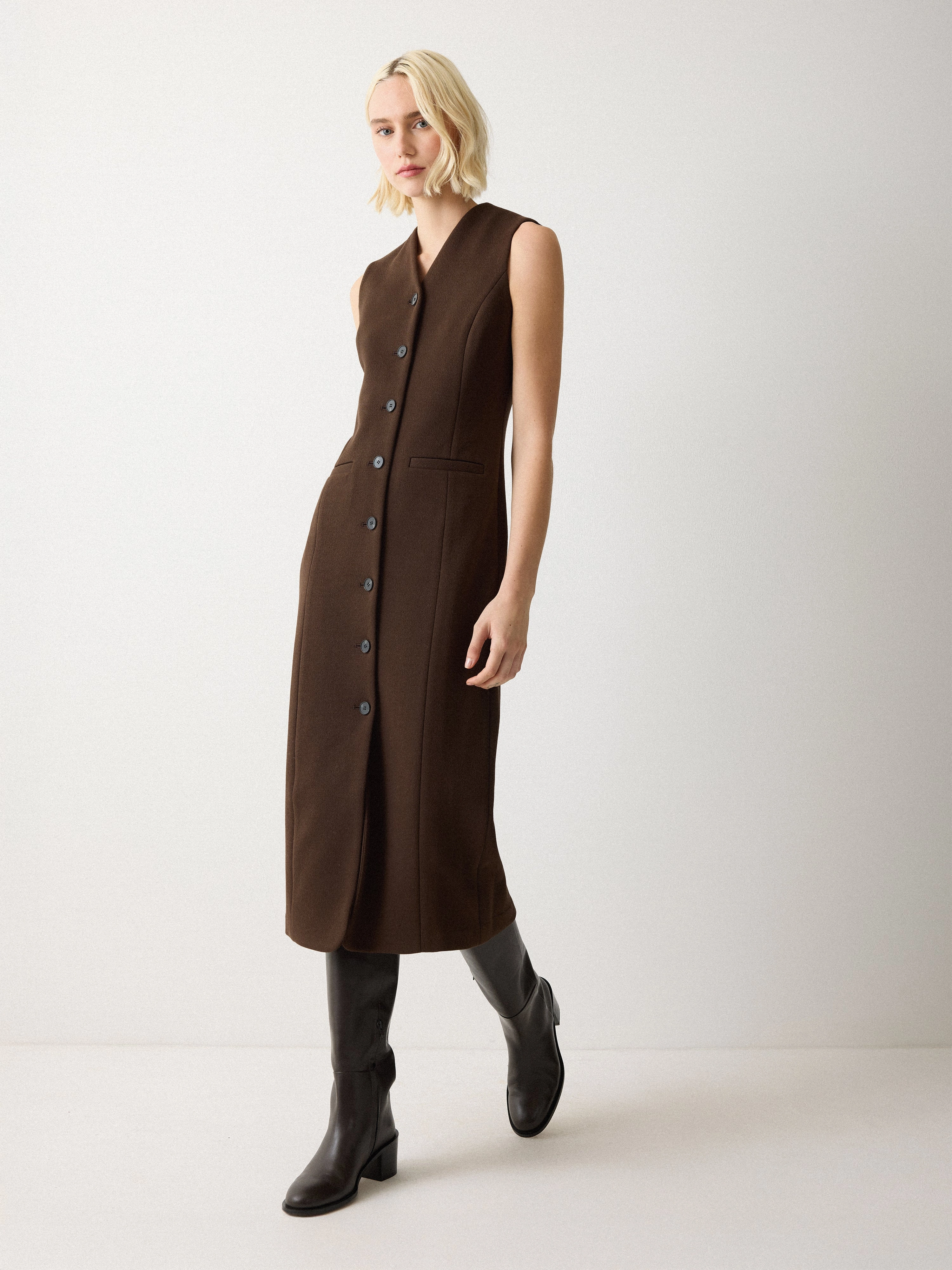 V Neck Long Waistcoat Dress | Brown Breezy Comfort Statement Fashion Heritage Craft