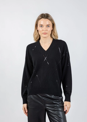 V-Neck Wool/Cashmere Sweater With Sequins - Black Cozy Piece Reinforced Edging