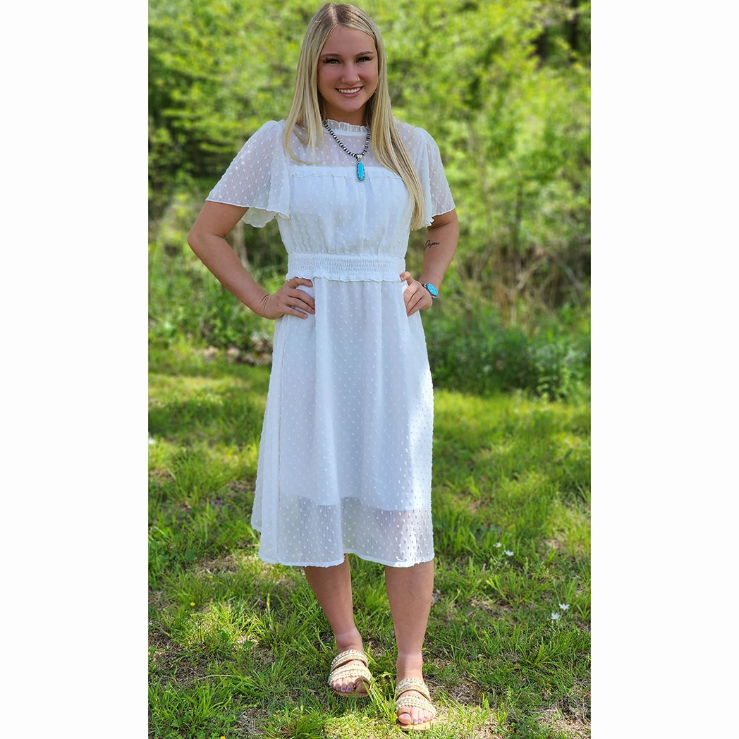 Miss Sparkling Women's White Dotted Dress Fashionable Design Piped-Edge