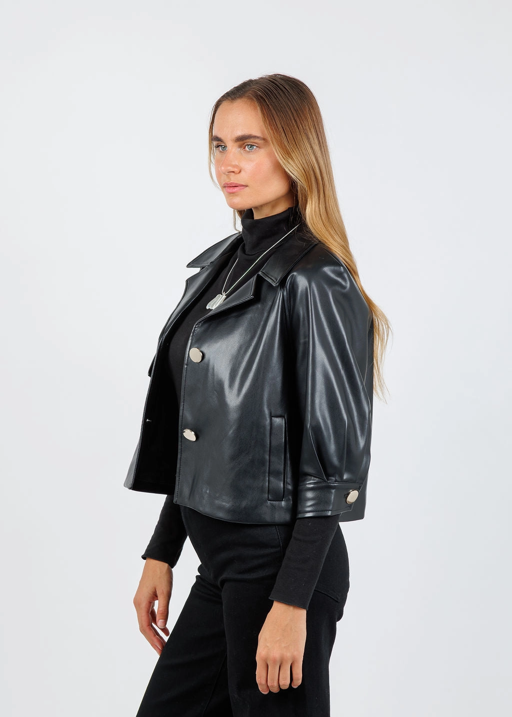 Vegan Leather 3/4 Sleeve Jacket- Black ReinforcedStitch Technology Oversized Collar Contrast Stitch Detail