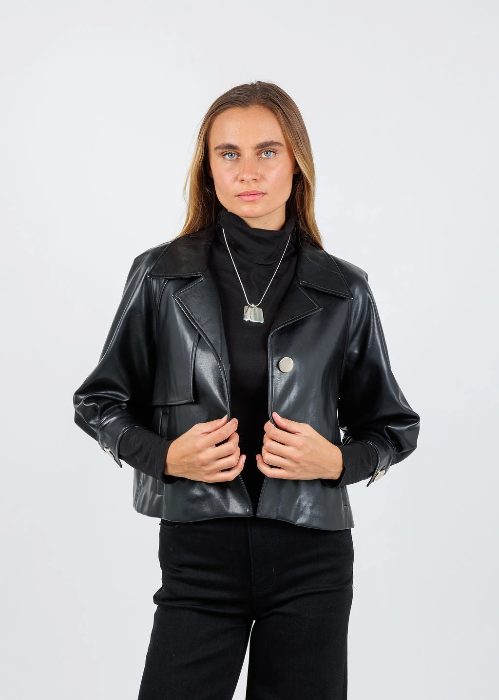 TaglessComfort Vegan Leather 3/4 Sleeve Jacket- Black ReinforcedStitch Technology