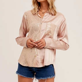 Temperature Regulating Fabric MeshPanelIntegration Satin Sequin Blouse