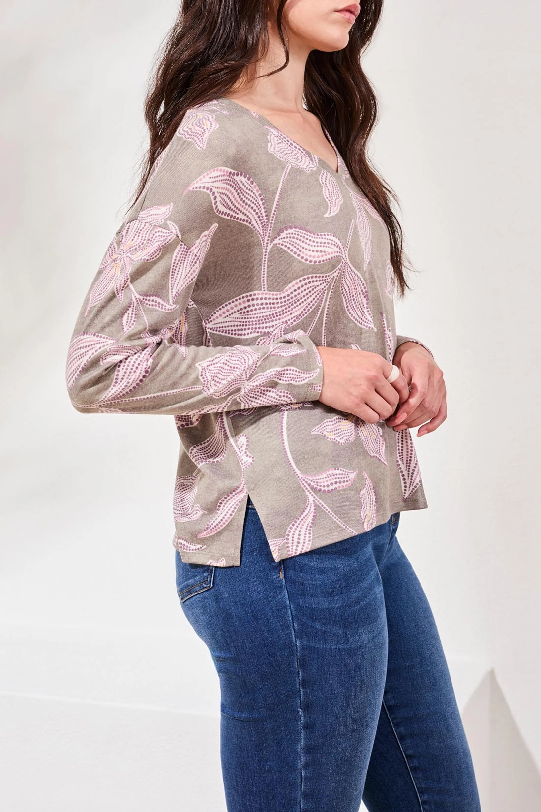 Tribal Fuzzy Soft V-Neck Top- Multiple Prints DoubleLayeredShoulders Raglan Sleeve