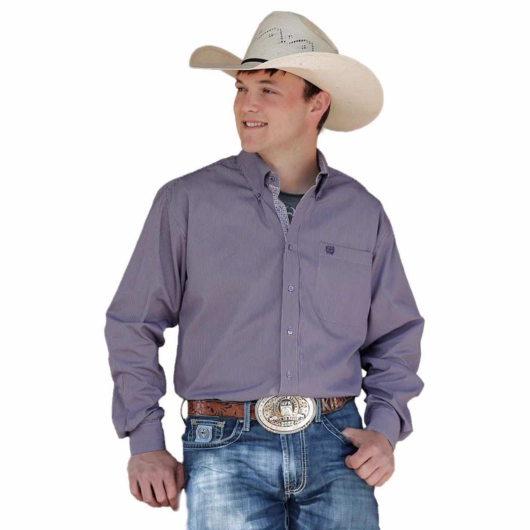 Thermal Regulation Fabric Cinch Men's Purple Microstripe Button Down Long Sleeve