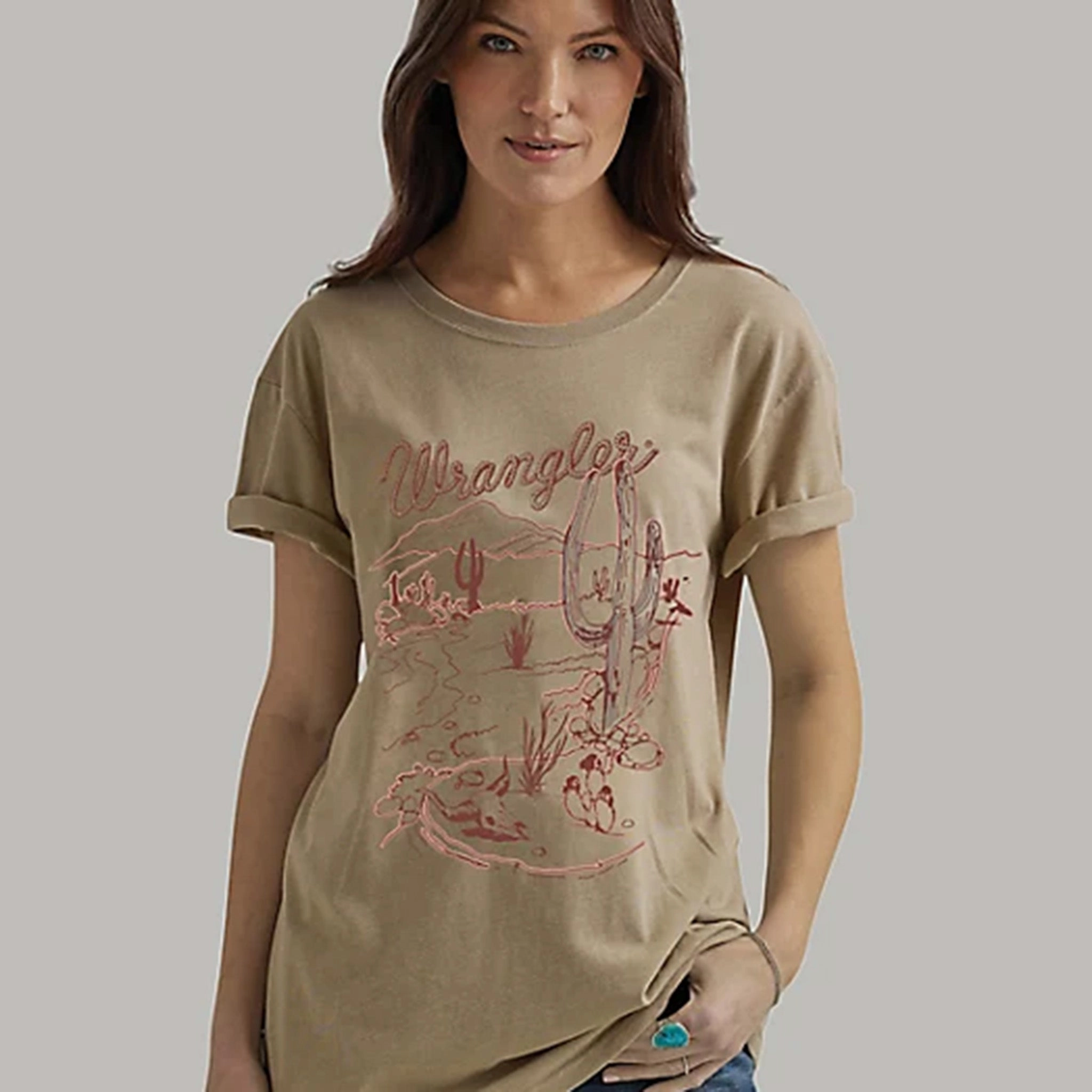 Wrangler Women's Tan Desert Scene Tee HighElasticity Thread Reflective Trims