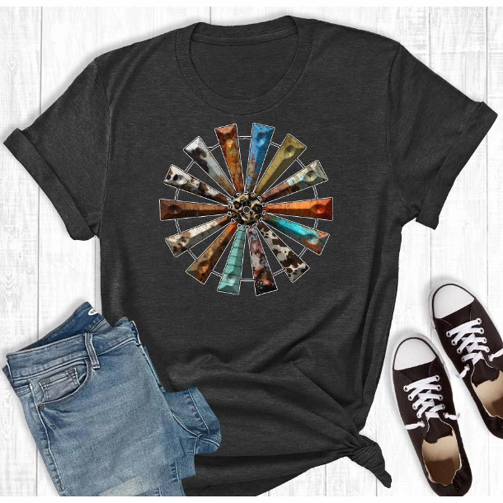 Rebel Rose Black Windmill Tee EasyCare Fabric Reinforced Hem Stitching