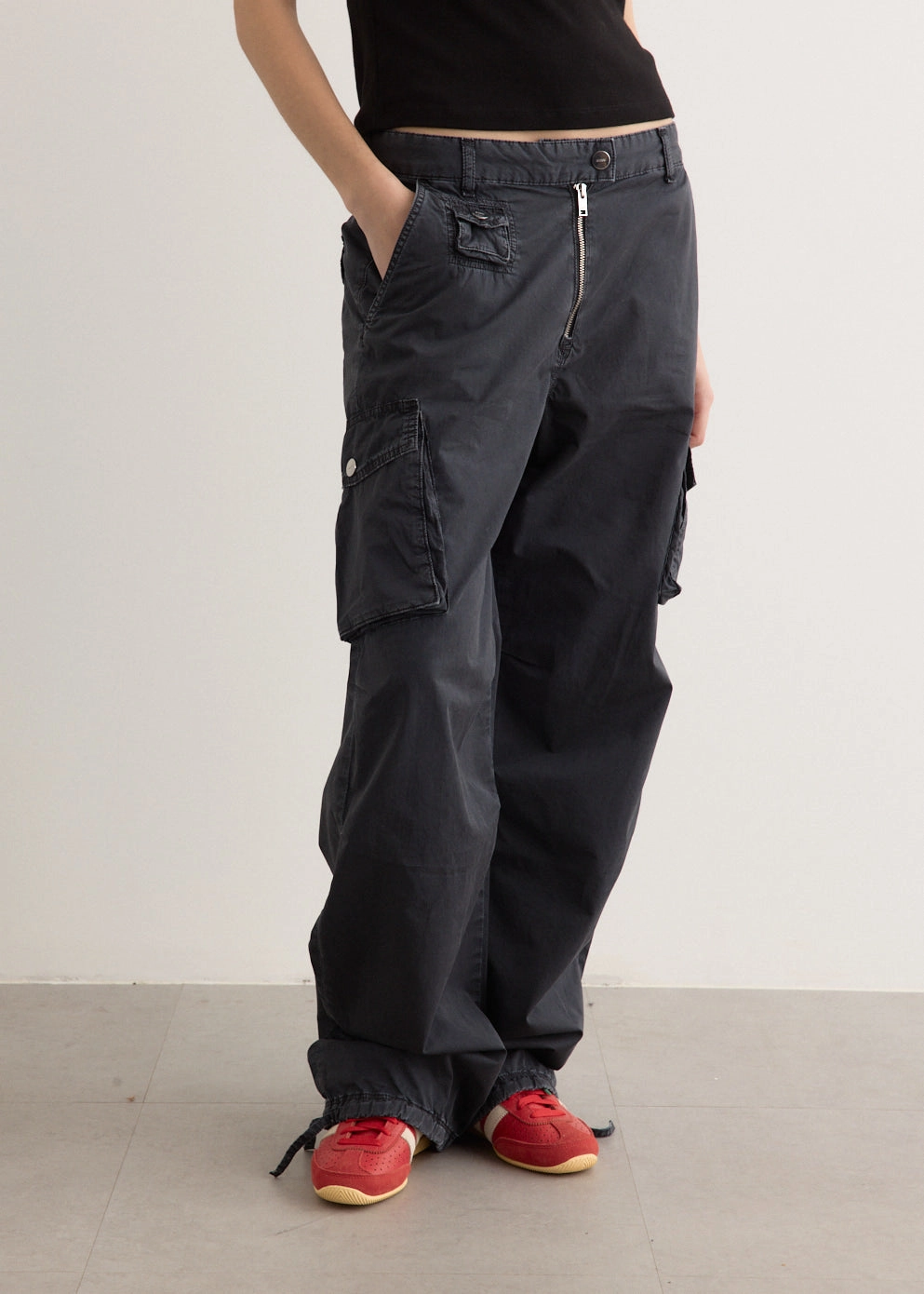 Washed Cotton Twill Pants SmoothZipper Body-Hugging Fit