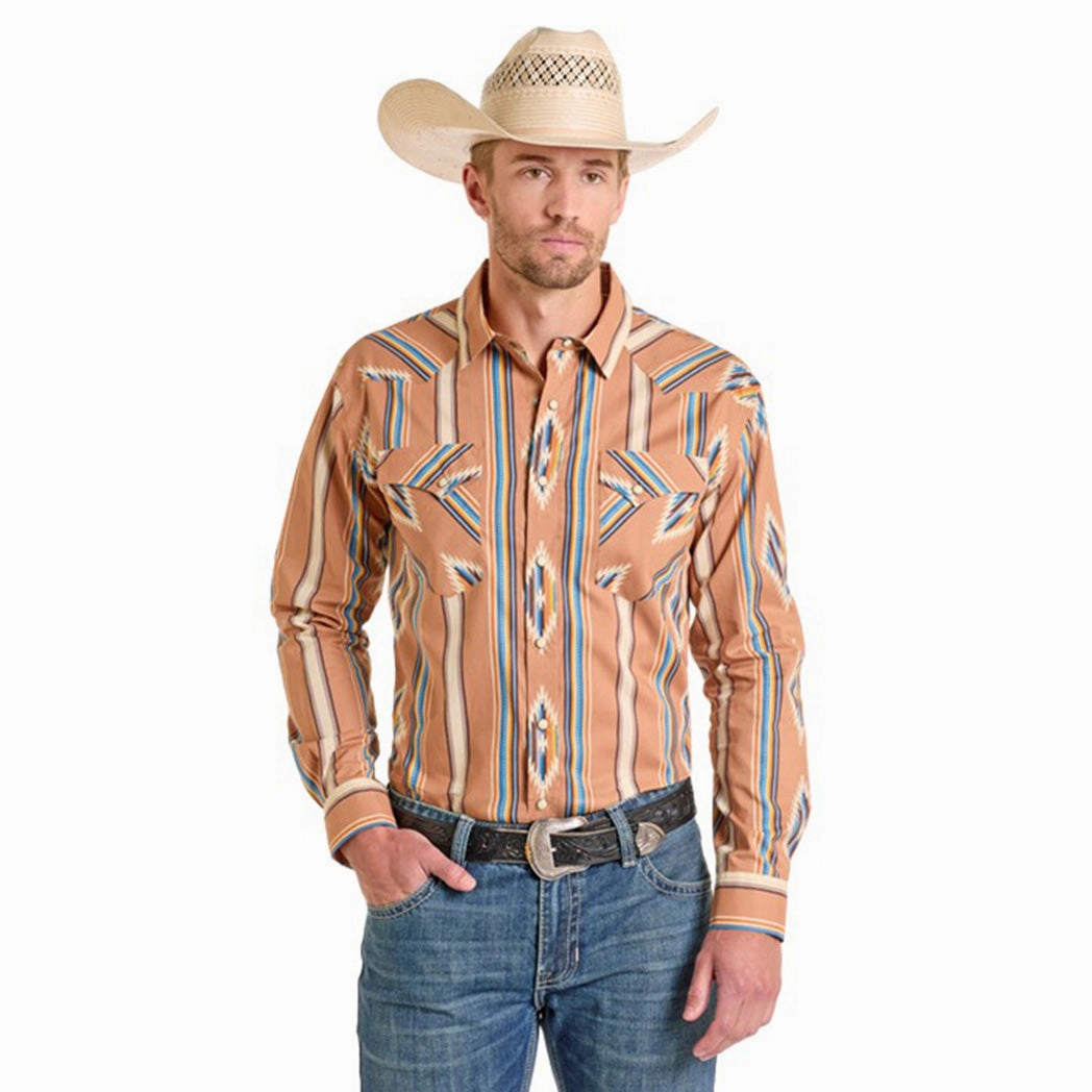 Adjustable Hem Anti-static Panhandle Slim Men's Tan Multi Aztec Shirt
